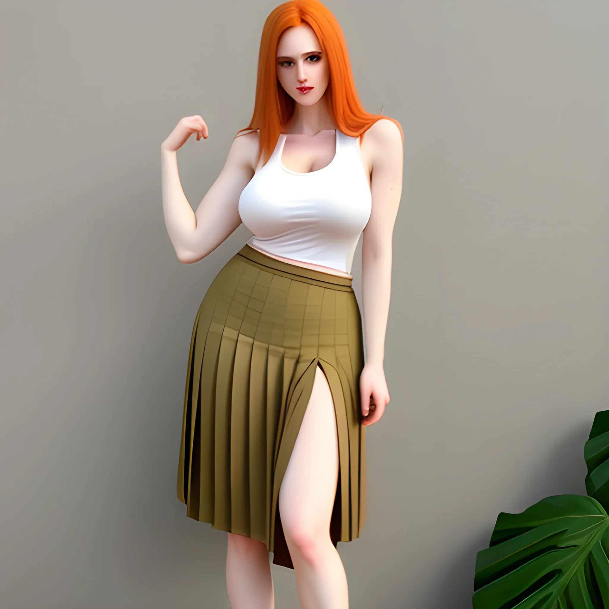 short stature girl, gigant busty, pale skin, lond 
straight ginger hair, light brown eyes, pink tank top, maxi pleated green skirt, brown loafers