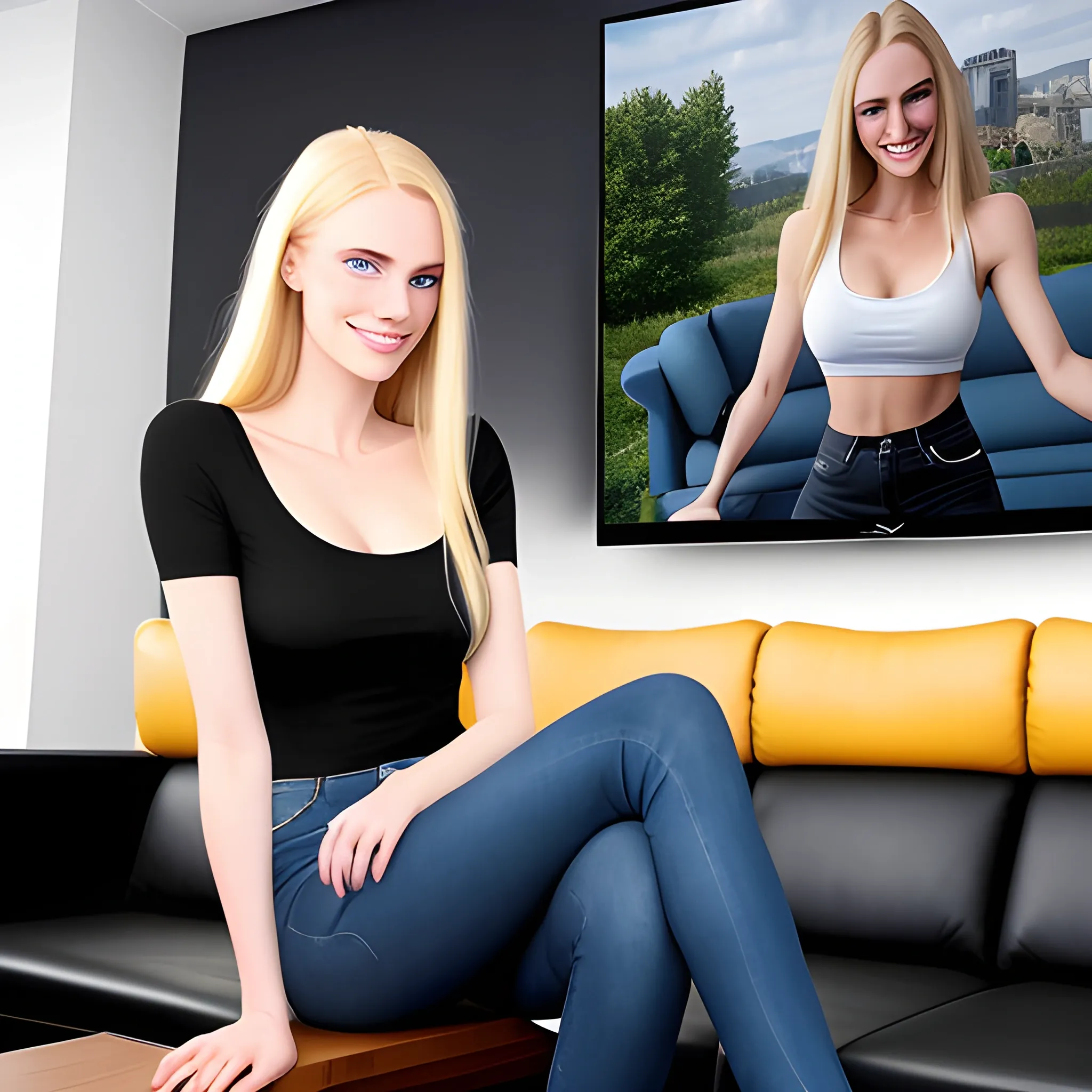 A beautiful 18 years old blond girl with blue eyes, white skin, long hairs, normal sized, smiling, charming smile.

She is dressed with a black short top and a dark blue jean.

She is in a modern flat. She is seated on a high stool.

Behind her there is a black leather sofa. The sofa is turned back to her. In front of the sofa there is a large tv. 3D