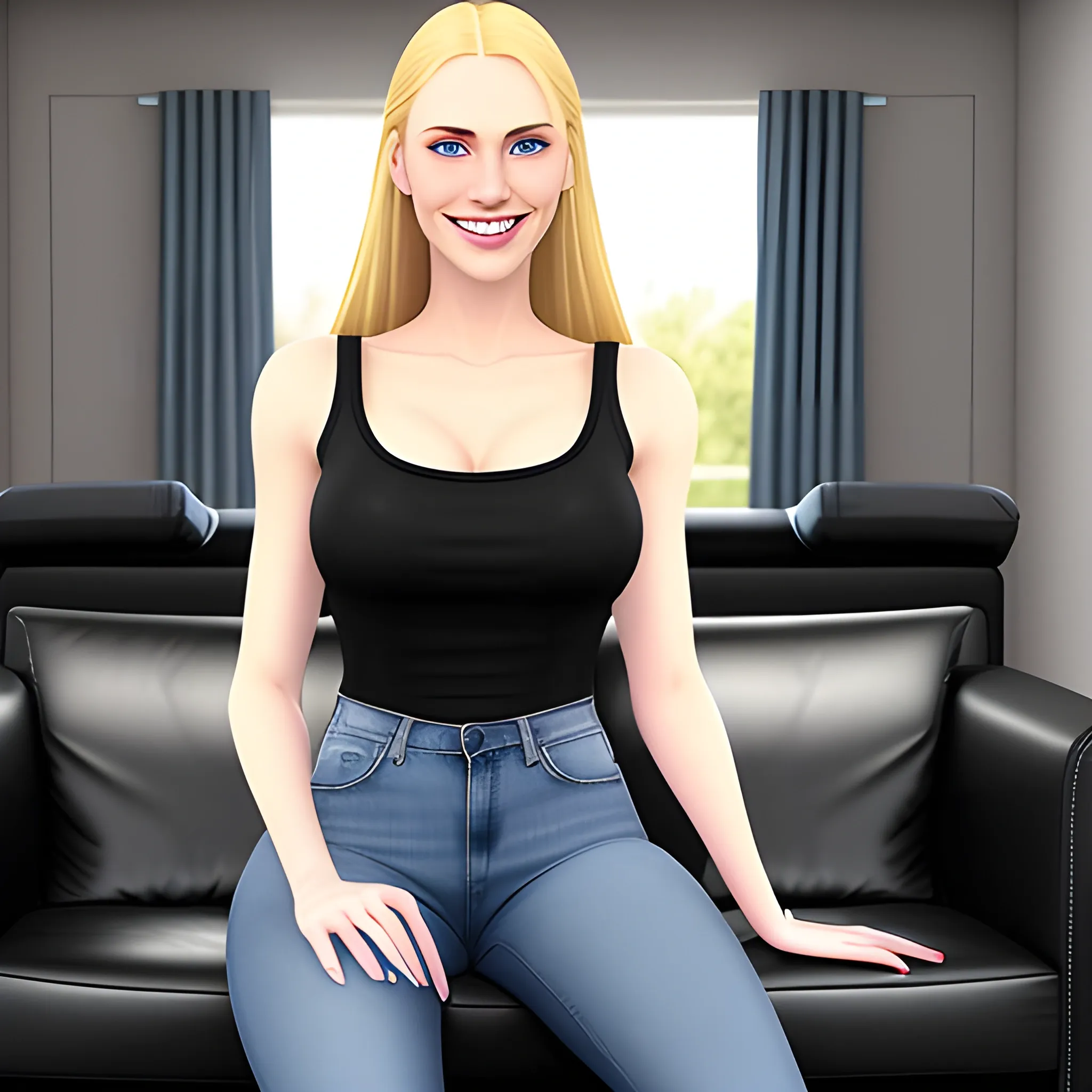 A beautiful 18 years old blond girl with blue eyes, white skin, long hairs, normal sized, smiling, charming smile.

She is dressed with a black short top and a dark blue jean.

She is in a modern flat. She is seated on a high stool.

Behind her there is a black leather sofa. The sofa is turned back to her. In front of the sofa there is a large tv. 3D