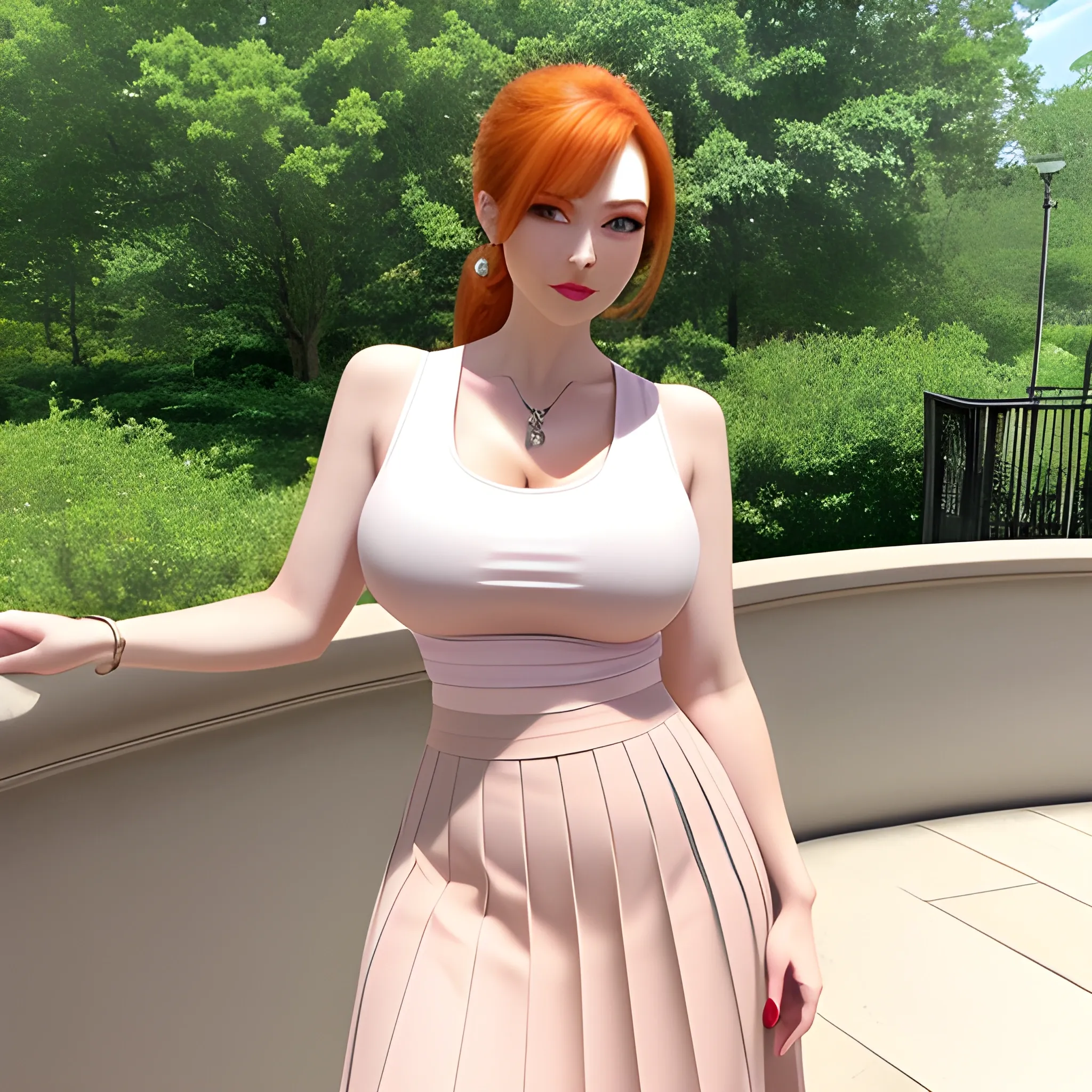 young short stature girl, detailed round face, dressed hyper busty larger than the head, pale skin, lond 
straight ginger hair, light brown eyes, pink tank top, maxi pleated green skirt, brown loafers, no nsfw