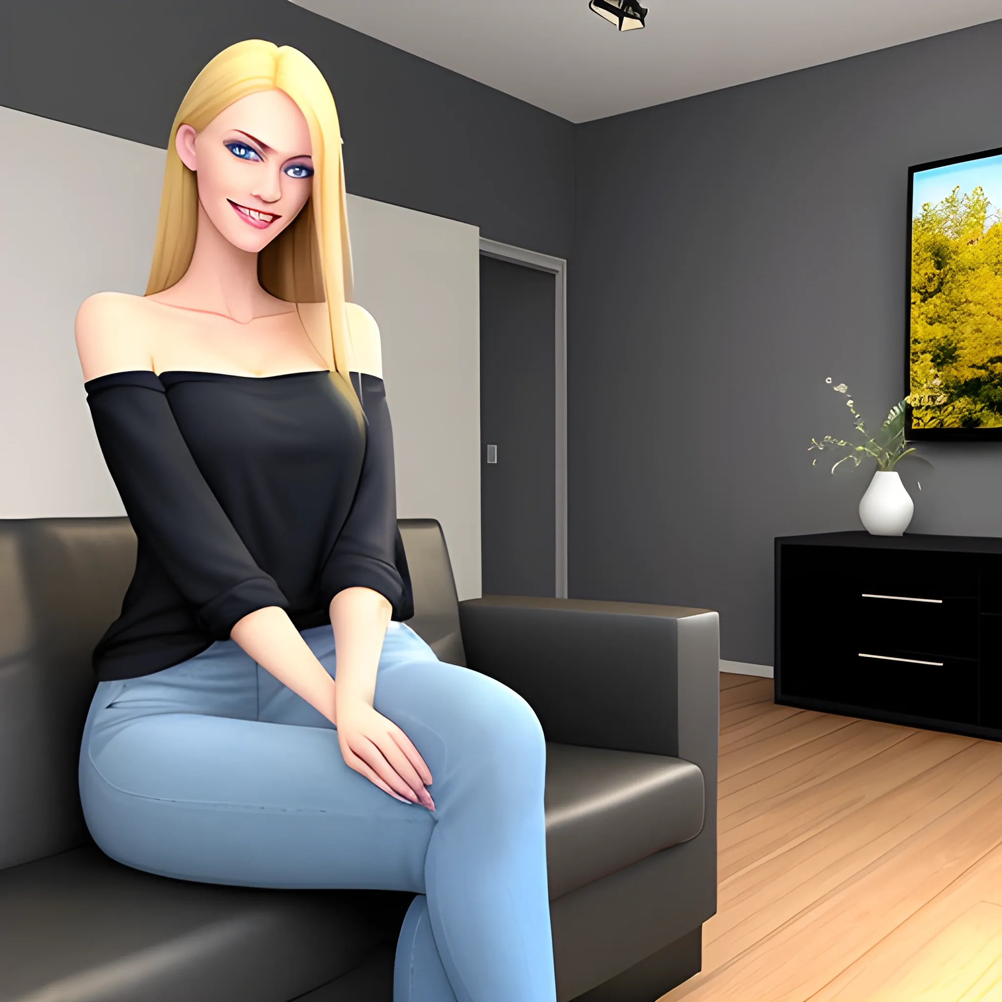 A realistic picture of a beautiful 18 years old blond girl with blue eyes, white skin, long hairs, normal sized, smiling, seductive smile.

She is dressed with a large low-necked black short top and a dark blue jean.

She is in a modern flat. She is seated on a stool.

Behind her there is a black leather sofa. The sofa is turned back to her. In front of the sofa there is a large tv. 3D