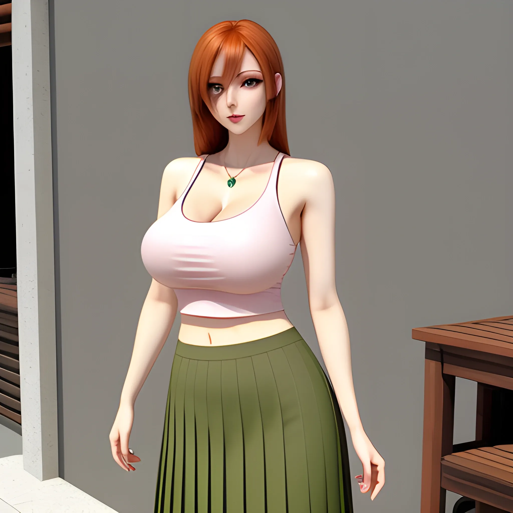 thin young short stature girl, detailed round face, dressed hyper busty larger than the head, pale skin, lond 
straight ginger hair, light brown eyes, pink tank top, maxi pleated green skirt, brown loafers, no nsfw, High detail, shadman