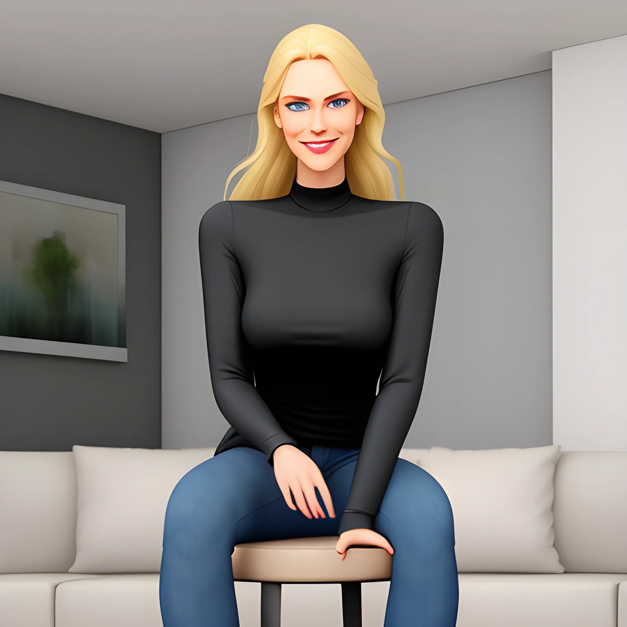 A realistic beautiful teenage blond girl with blue eyes, white skin, long hairs, normal sized, smiling, seductive smile.

She is dressed with low-necked black short top and a dark blue jean.

She is in a modern flat. She is seated on a stool.

Behind her there is a black leather sofa. The sofa is turned back to her. In front of the sofa there is a large tv. 3D