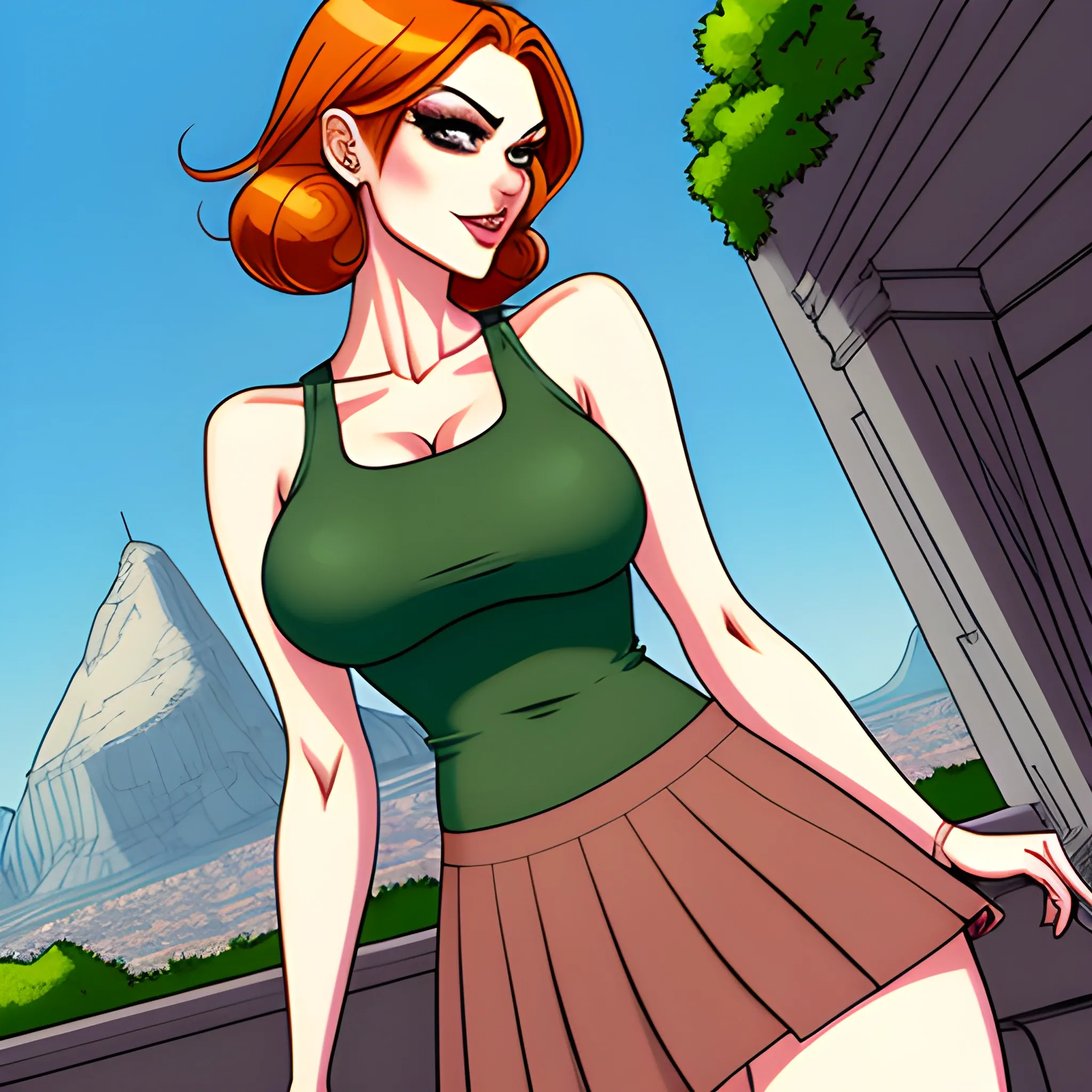 thin young short stature girl, detailed round face, dressed hyper busty larger than the head, pale skin, lond 
straight ginger hair, light brown eyes, pink tank top, maxi pleated green skirt, brown loafers, no nsfw, High detail, art by Shadman, Shadbase comic