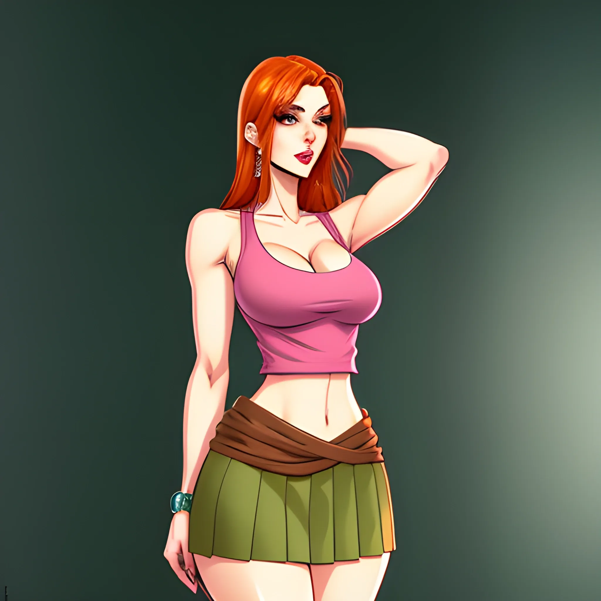 thin young short stature girl, detailed round face, dressed hyper busty larger than the head, pale skin, lond 
straight ginger hair, light brown eyes, pink tank top, maxi pleated green skirt, brown loafers, no nsfw, High detail, art by Shadman, Shadman comic