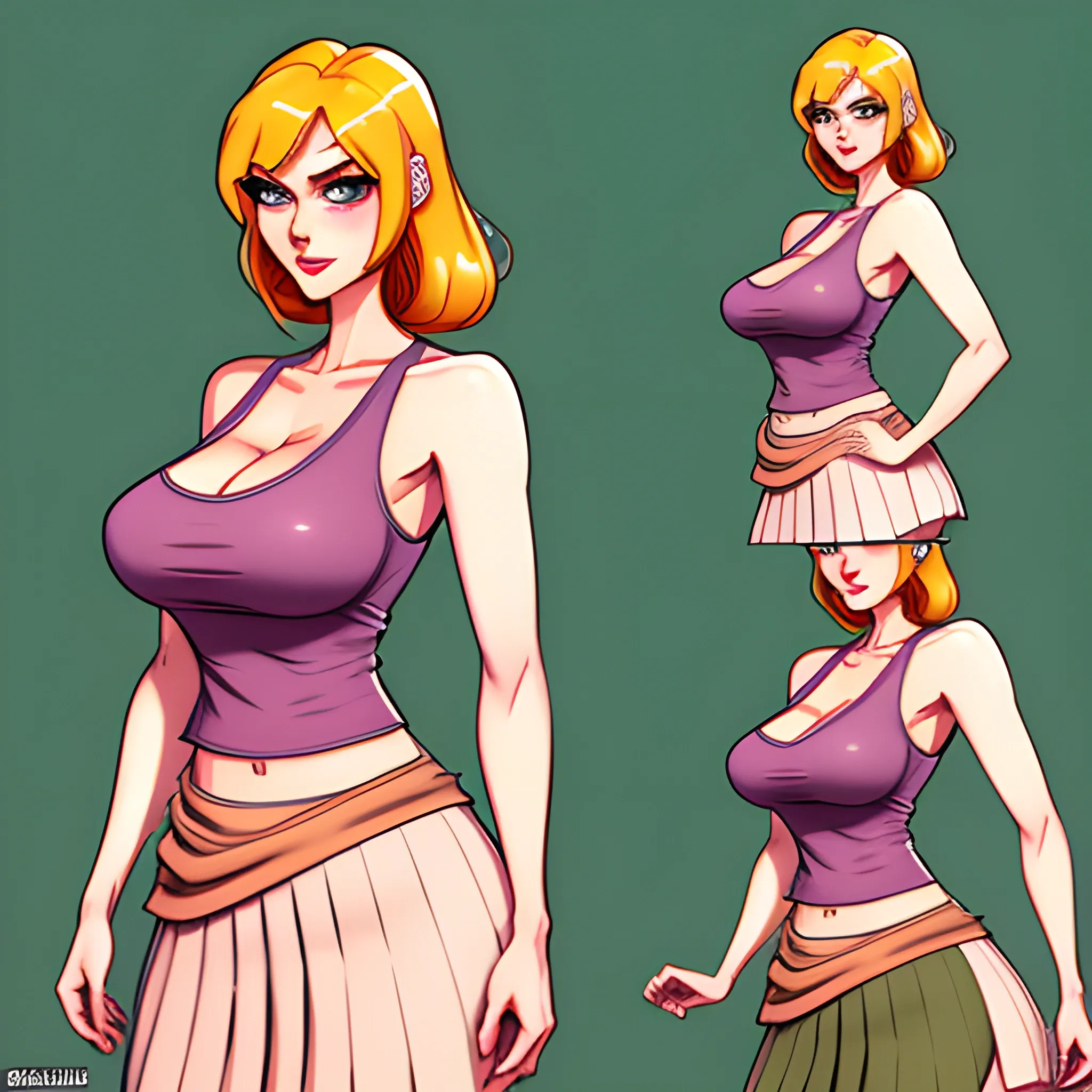 thin young short stature girl, detailed round face, dressed hyper busty larger than the head, pale skin, lond 
straight ginger hair, light brown eyes, pink tank top, maxi pleated green skirt, brown loafers, no nsfw, High detail, art by Shadman, Shadman comic