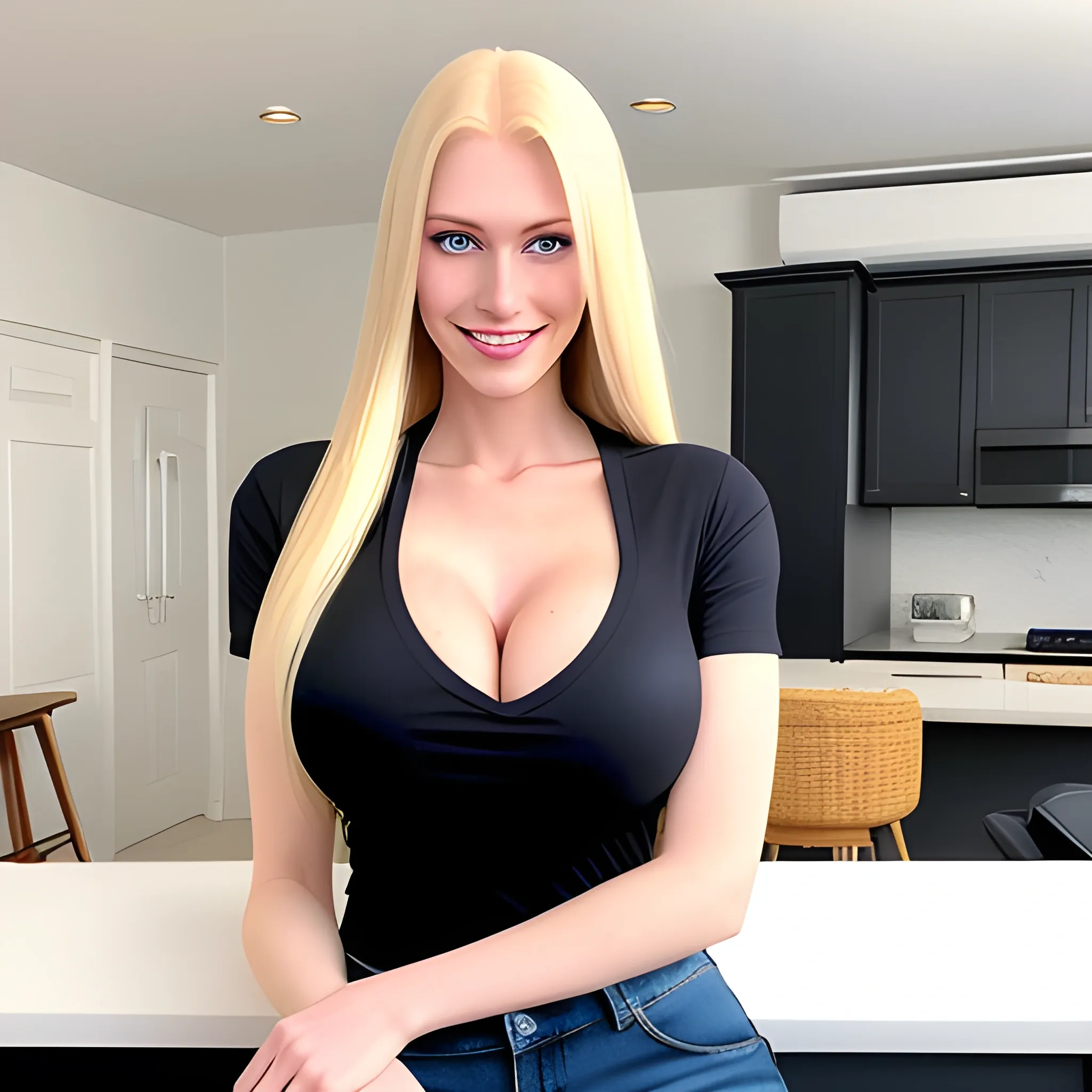 A beautiful 19 years old blond girl with blue eyes, white skin, long straight hairs, normal sized, smiling, seductive smile. she has big breast.

The girl is dressed with a low-necked black top with short sleeves and a dark blue jean. 

She is seated on a stool, in a modern flat. A black sofa is behind her.