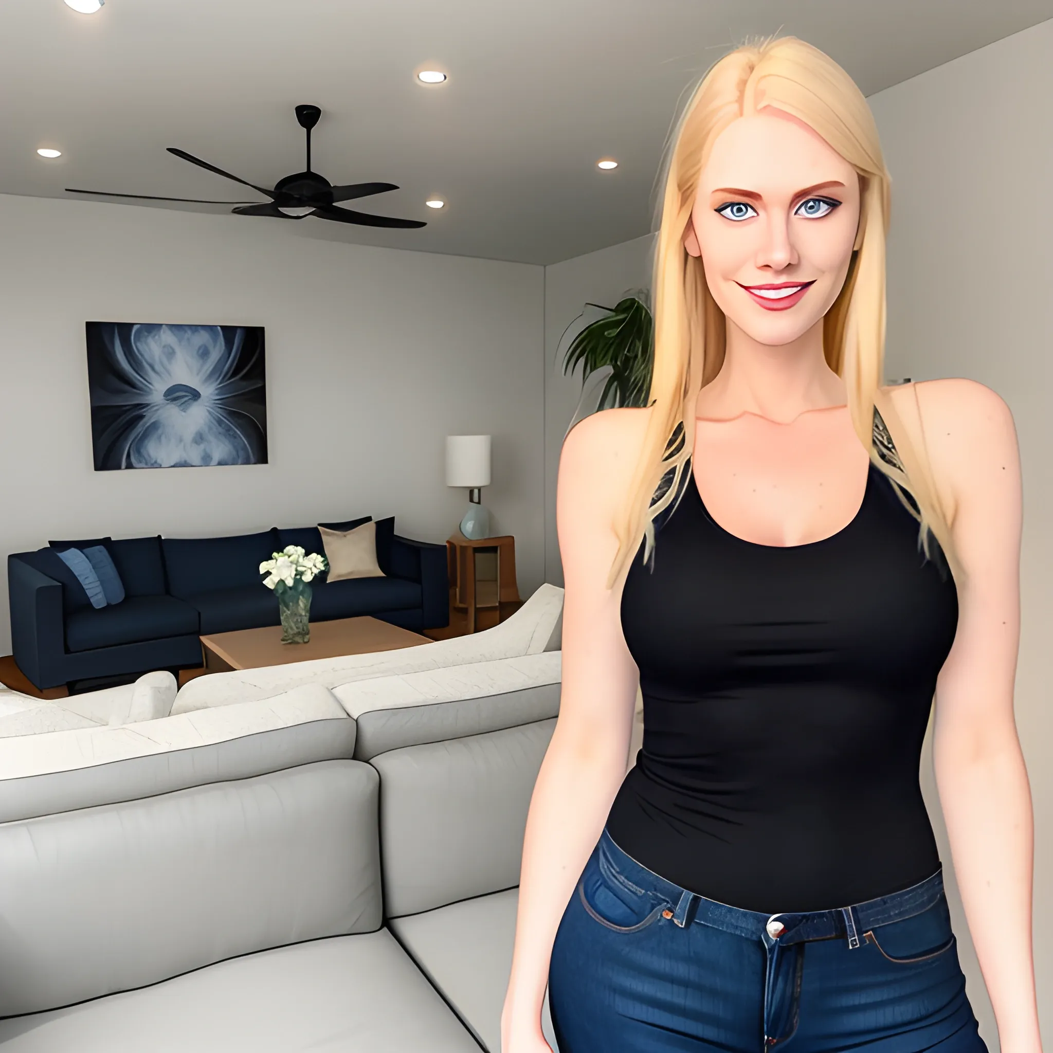 A beautiful 19 years old blond girl with blue eyes, white skin, long hairs, normal sized, seductive smile.

The girl is dressed with a low-necked black tank top and a dark blue jean. 

She is in a modern flat. A black sofa is behind her.