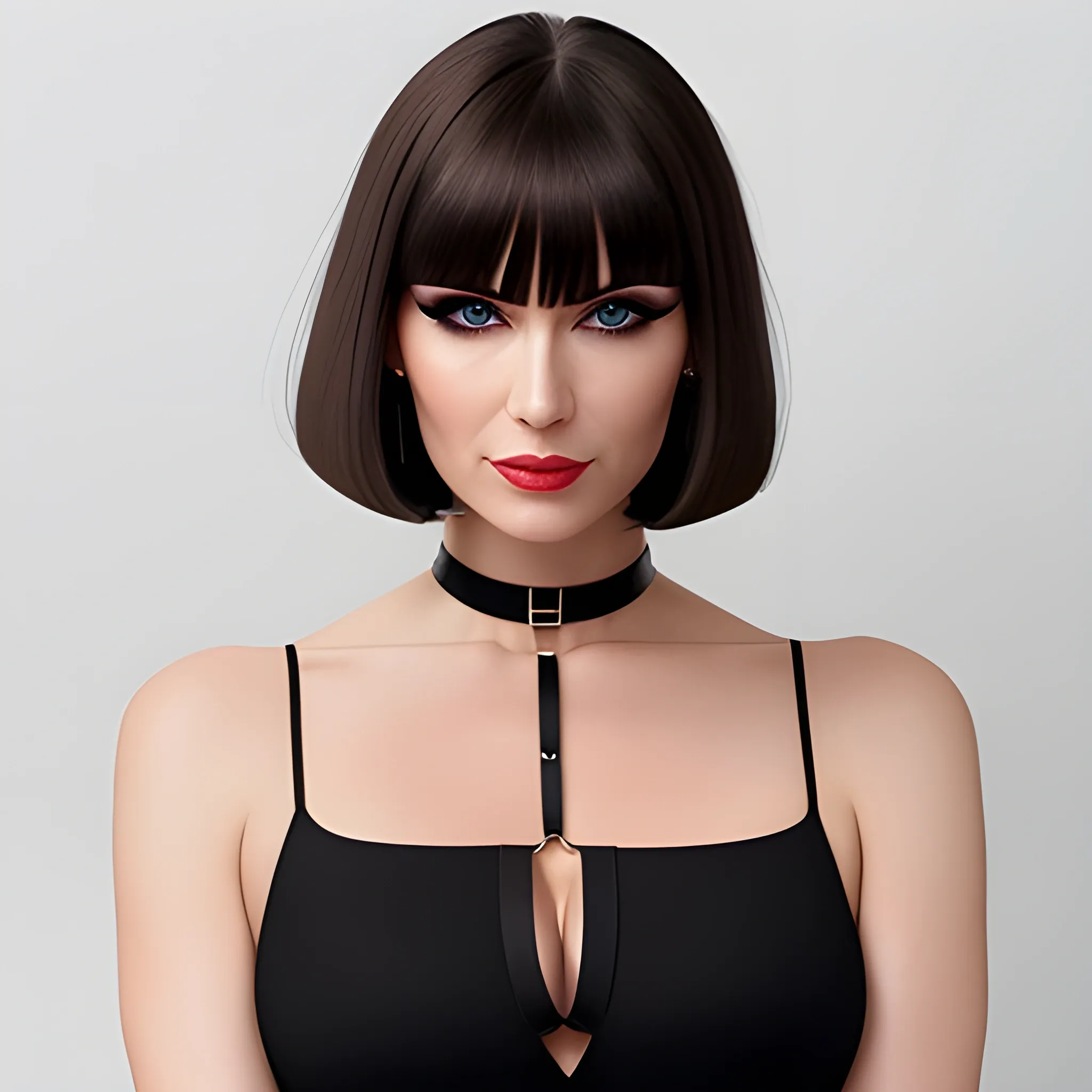 White girl, with bob haircut and fringe. With brown eyes, eyeliner. She wears a simple choker, a cute black top. Her neckline is showing and her cleavage too.