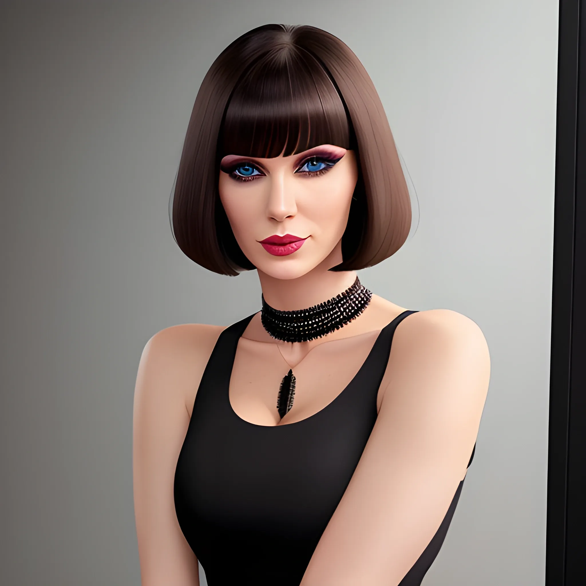 White girl, with bob haircut and fringe. With brown eyes, eyeliner. She wears a simple choker, a cute black top. Her neckline is showing and her cleavage too., Cartoon