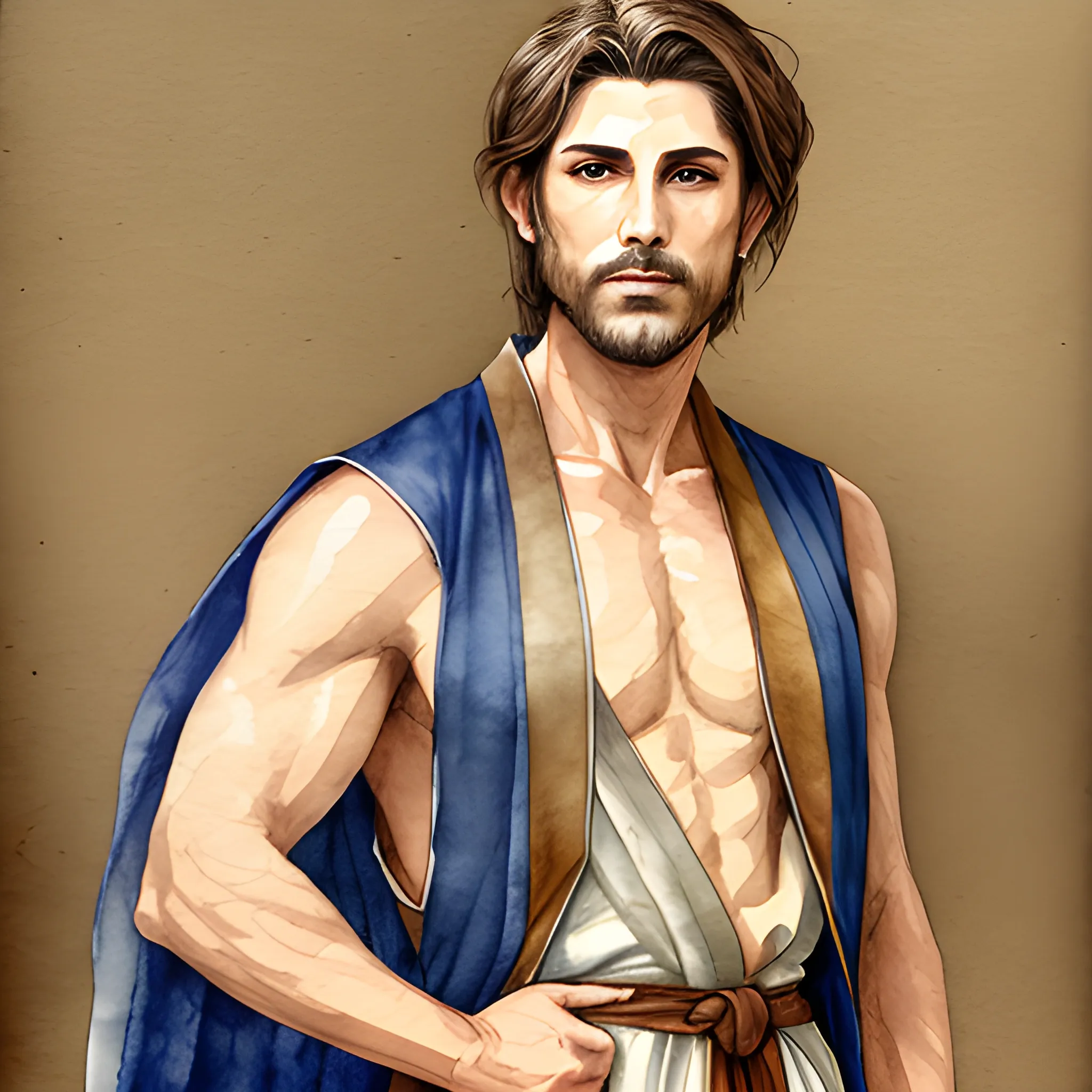 Portrait, Brown sleeveless robes, Fantasy, Front, Water Color, Male