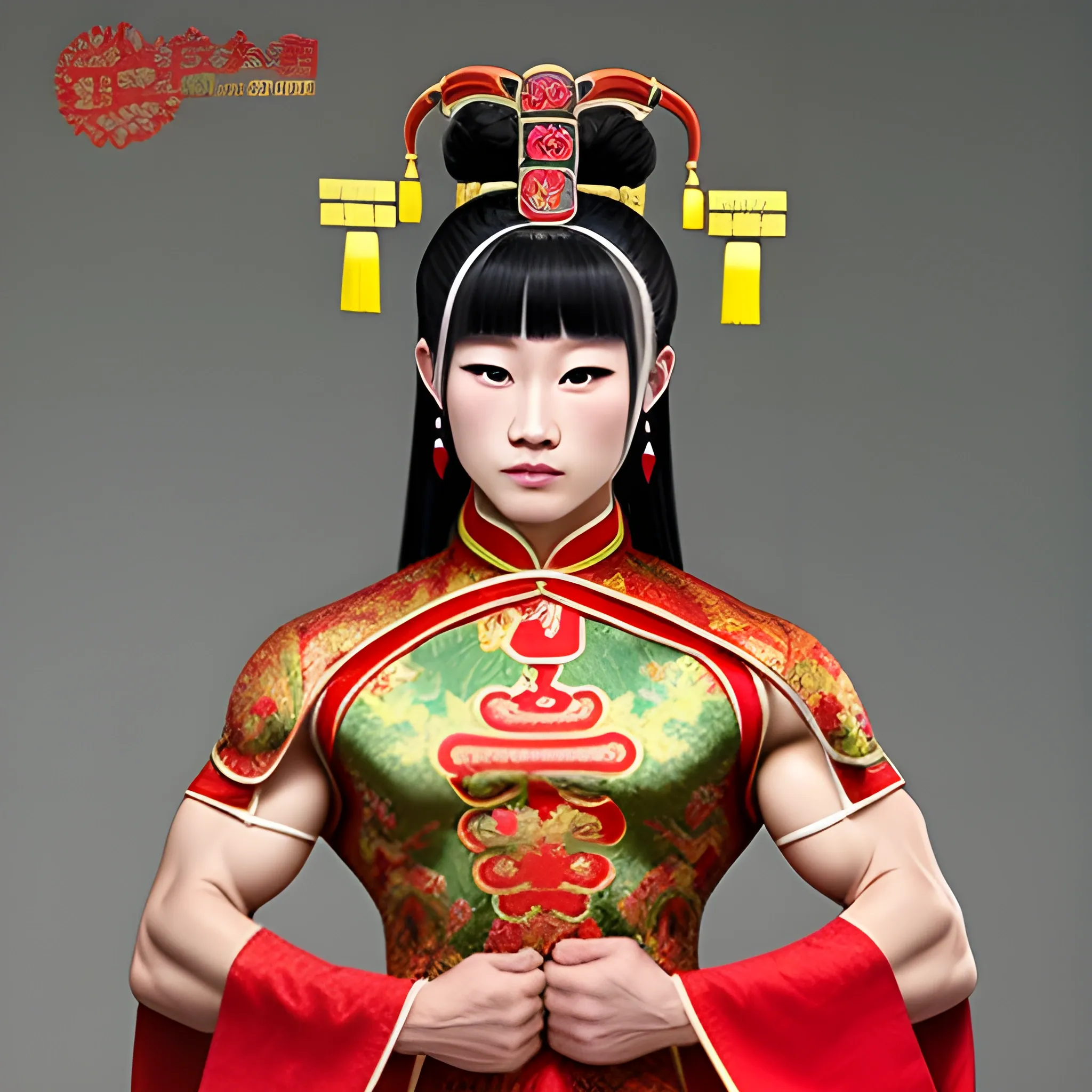 crossdress man, muscle, Chinese' queen ancient clothes