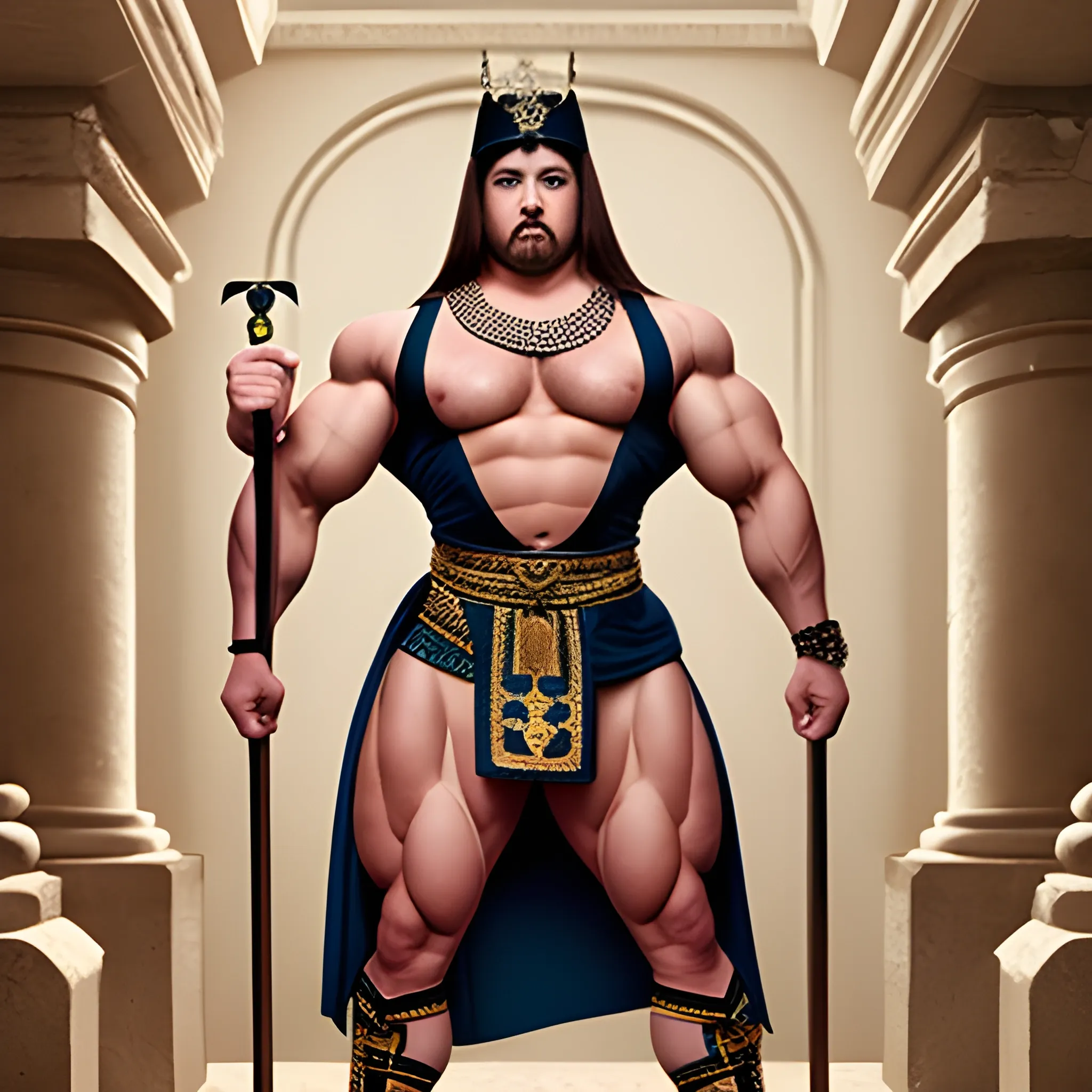 crossdress man, muscle man, queen ancient clothes, full body, short hair