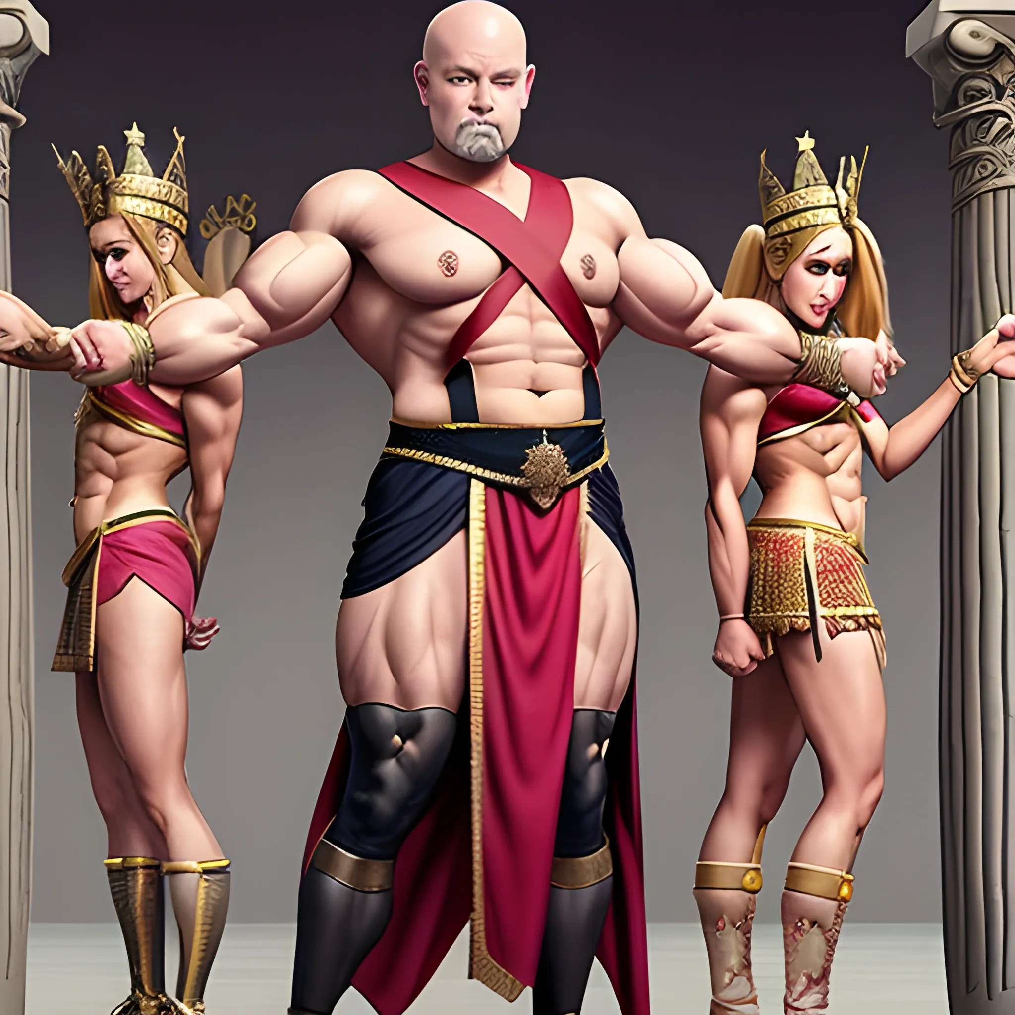 crossdress man, muscle man, queen's ancient clothes, full body, no hair