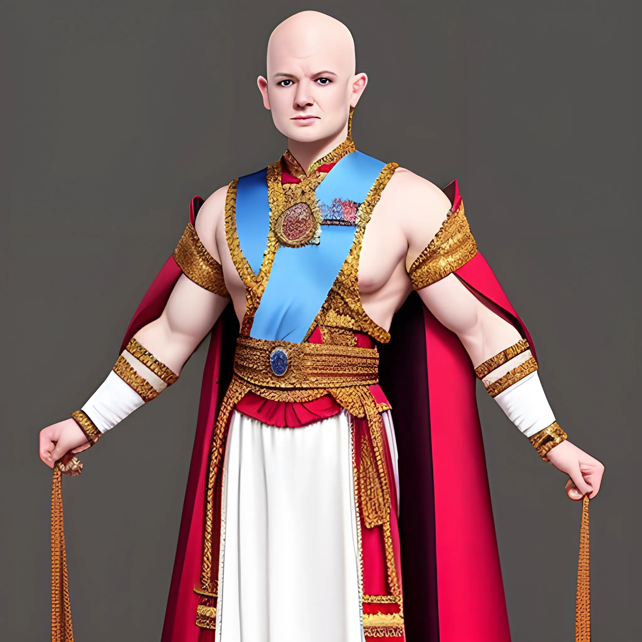 crossdress man wear queen's ancient clothes, muscle man,  full body, no hair