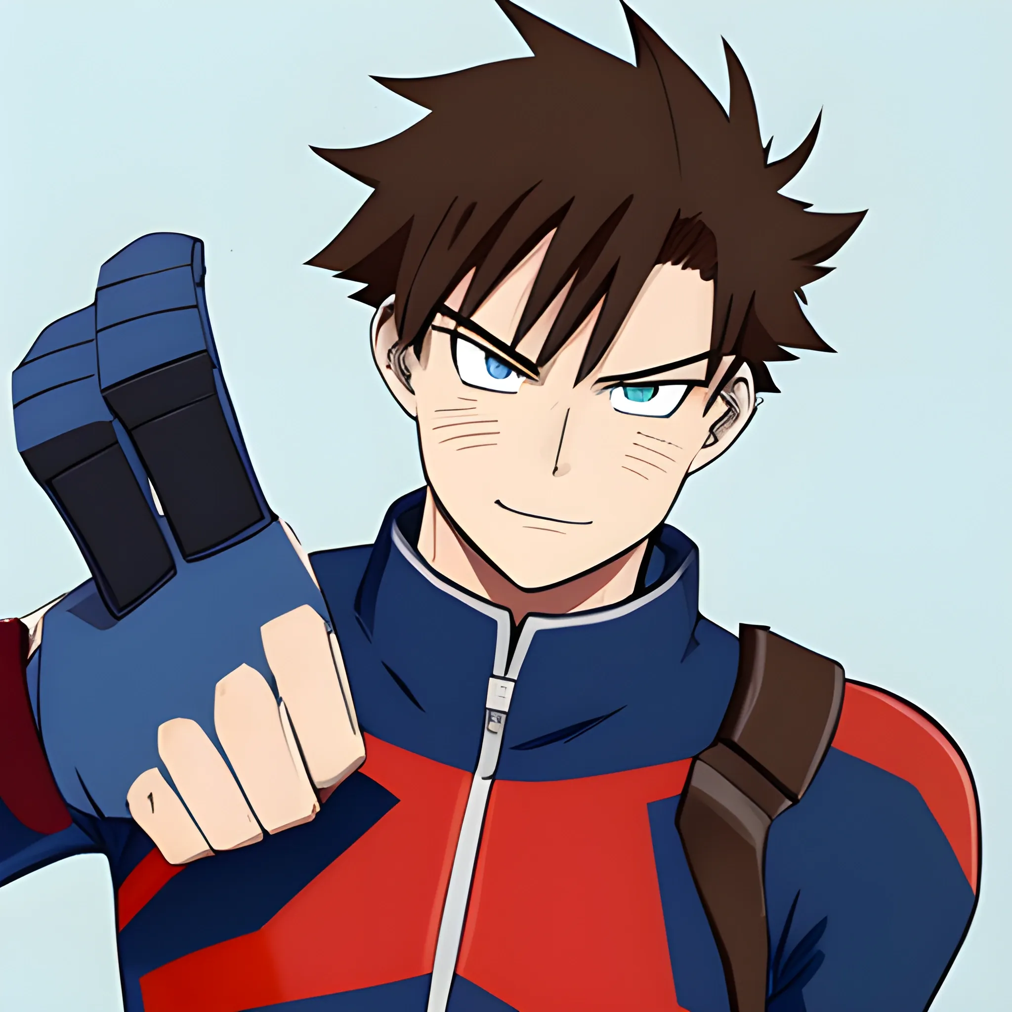 my hero academia male oc with brown hair and blue eyes with Generator Rex hands