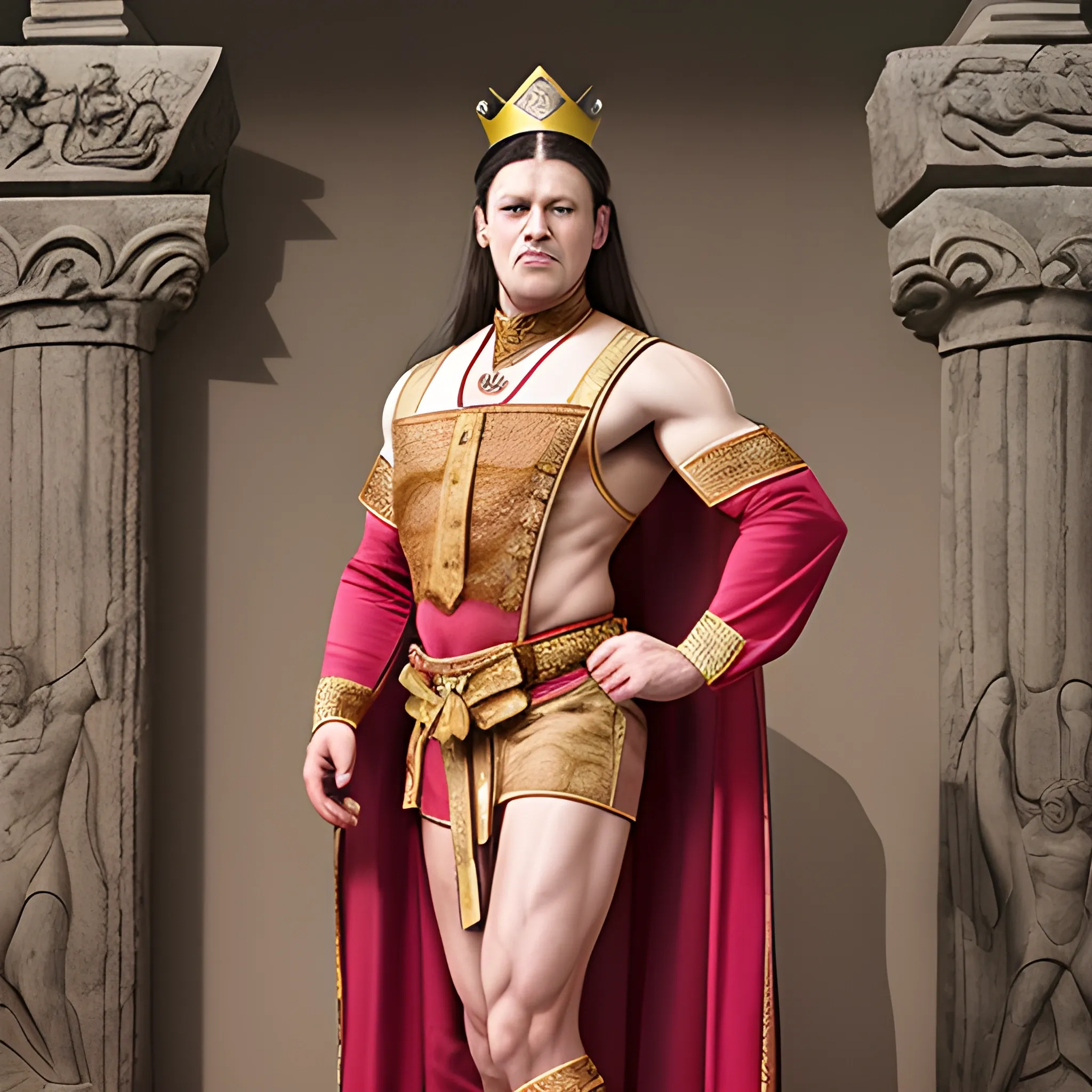 crossdress man, queen's ancient clothes, muscle man,  full body, skinny hair