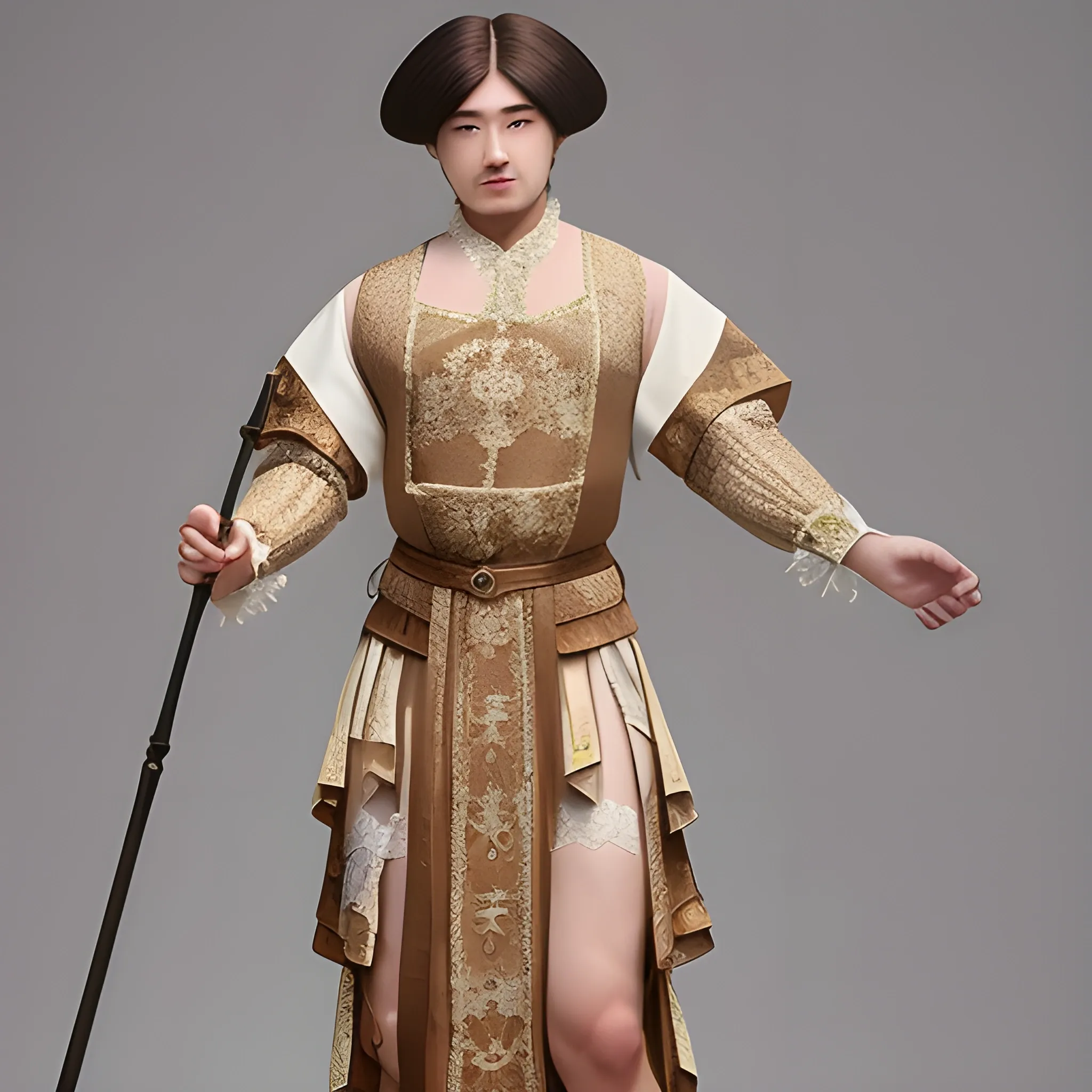 crossdress man, queen's lace ancient clothes, one muscle man,  full body, short man hair.