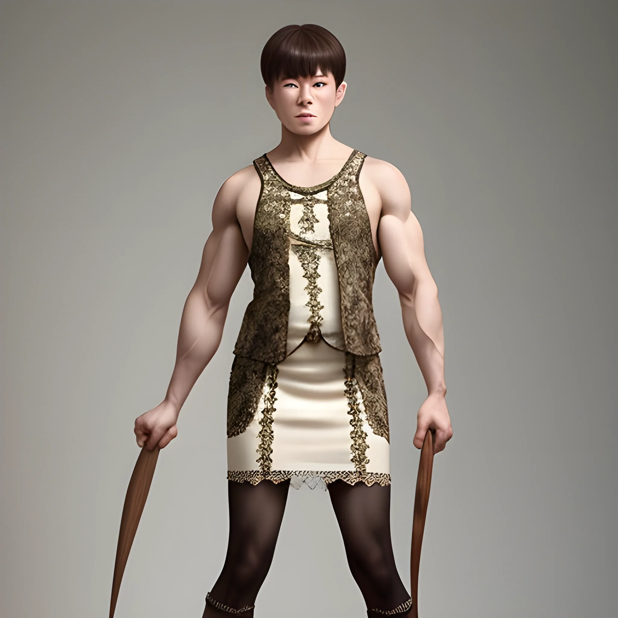 crossdress man, queen's lace ancient dress, one muscle man,  full body, short man hair.