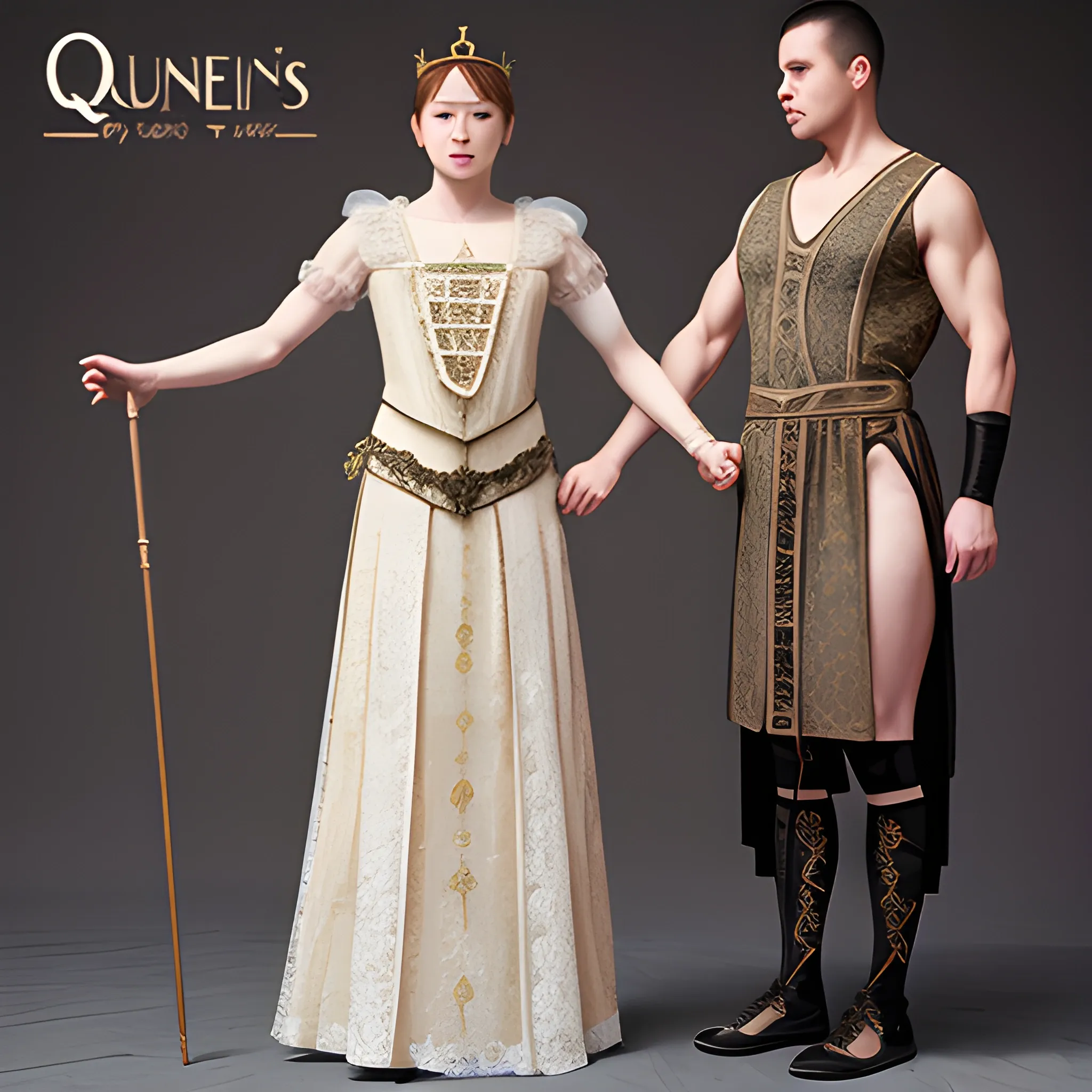 crossdress man, queen's lace ancient dress, one muscle man,  full body, short man hair.