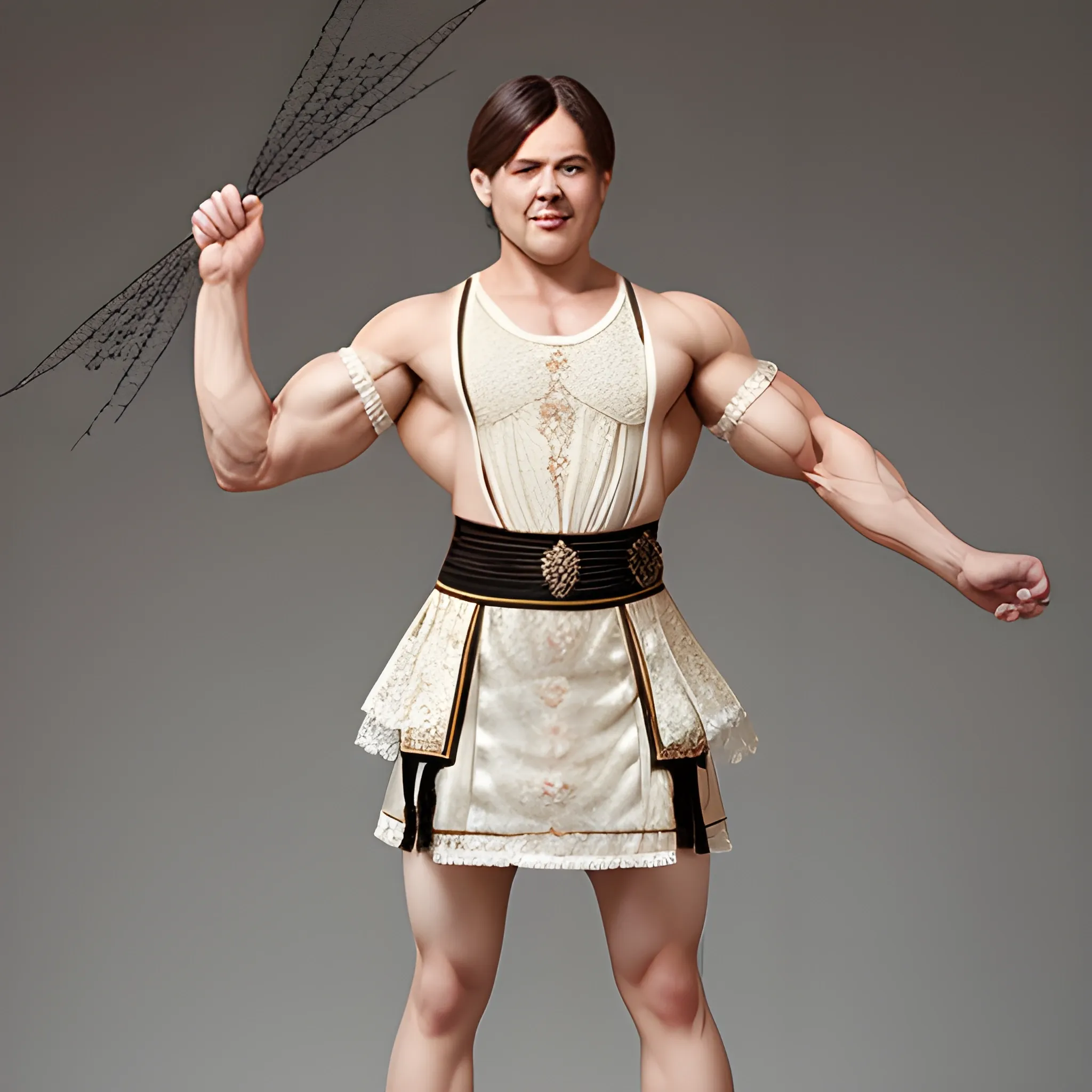 crossdress man, queen's lace ancient dress, one muscle man,  full body, short man hair.