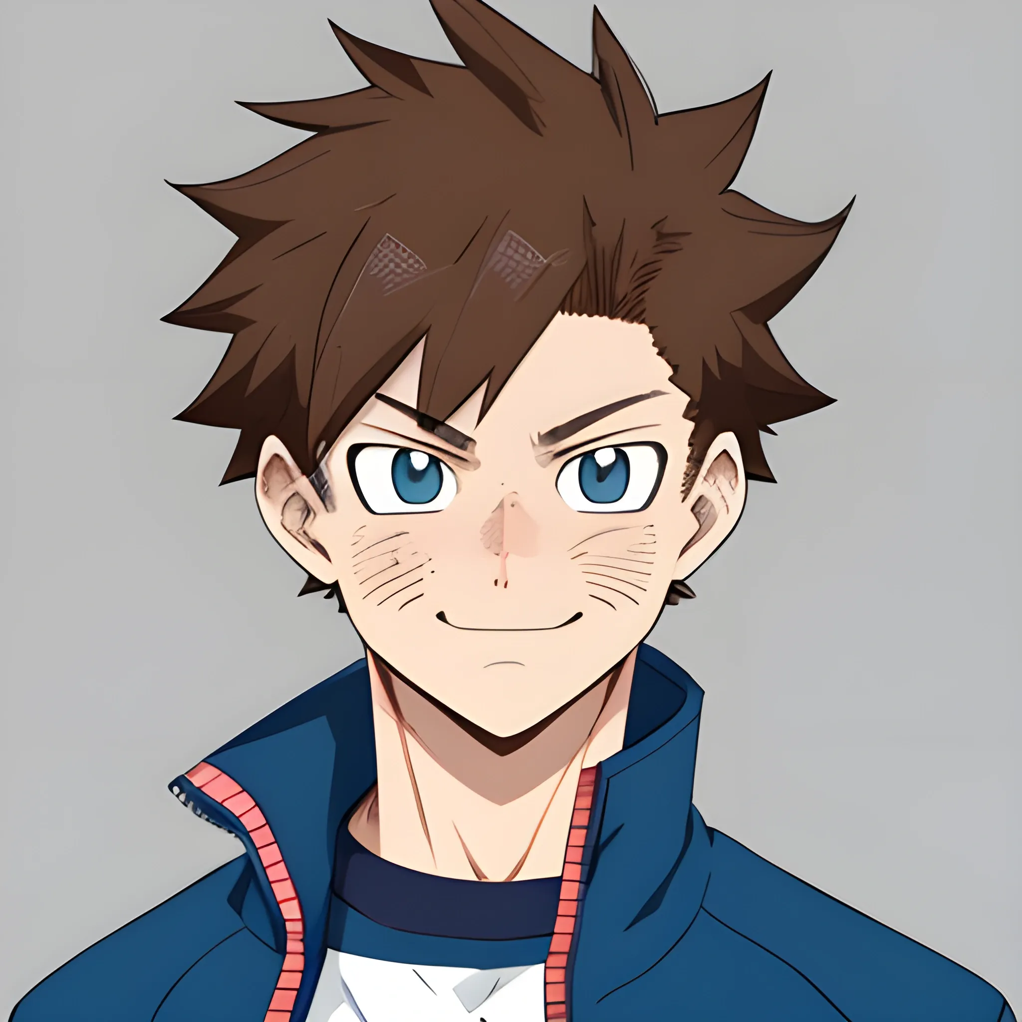 My Hero Academia Style, Athletic Male, Brown Hair, Blue Eyes, Blue Jacket, Freckles On Cheeks and Nose, Full Body