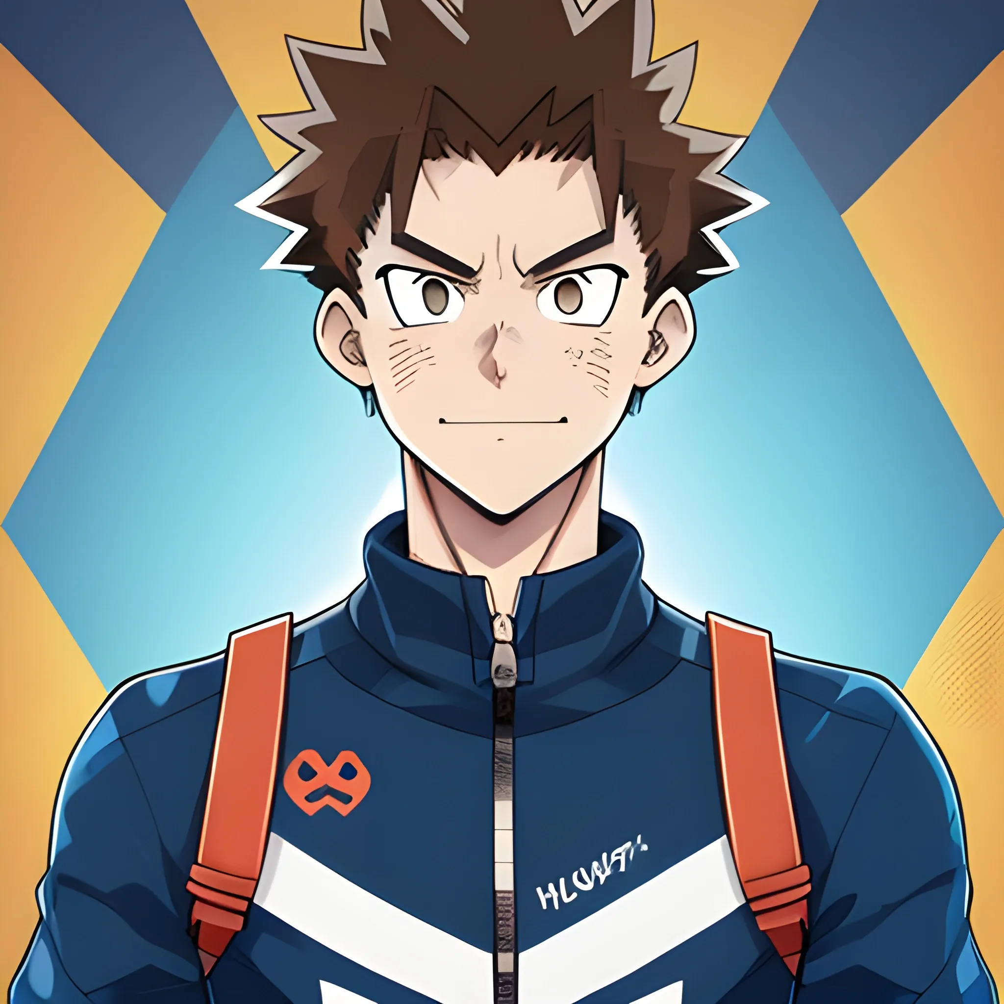 My Hero Academia Style, Athletic Male, Brown Hair, Blue Eyes, Blue Jacket, Freckles On Cheeks and Nose, Full Body