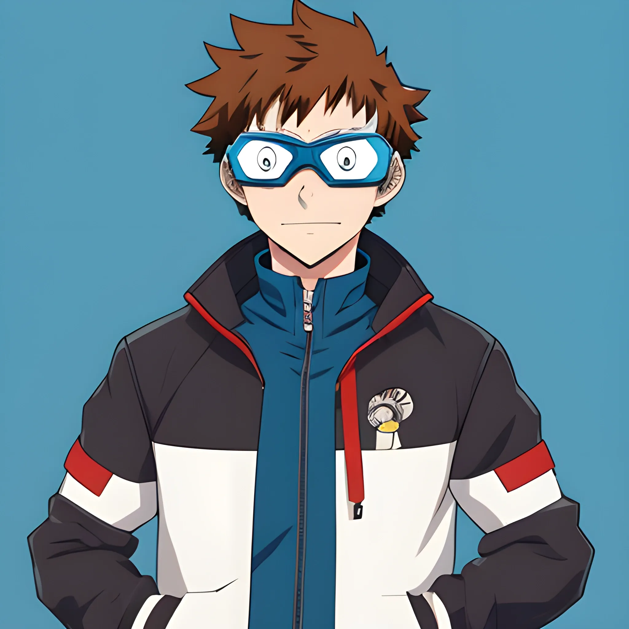 My Hero Academia Style, Athletic Male, Brown Hair, Blue Eyes, Blue Jacket, Goggles On Head, Freckles, Full Body