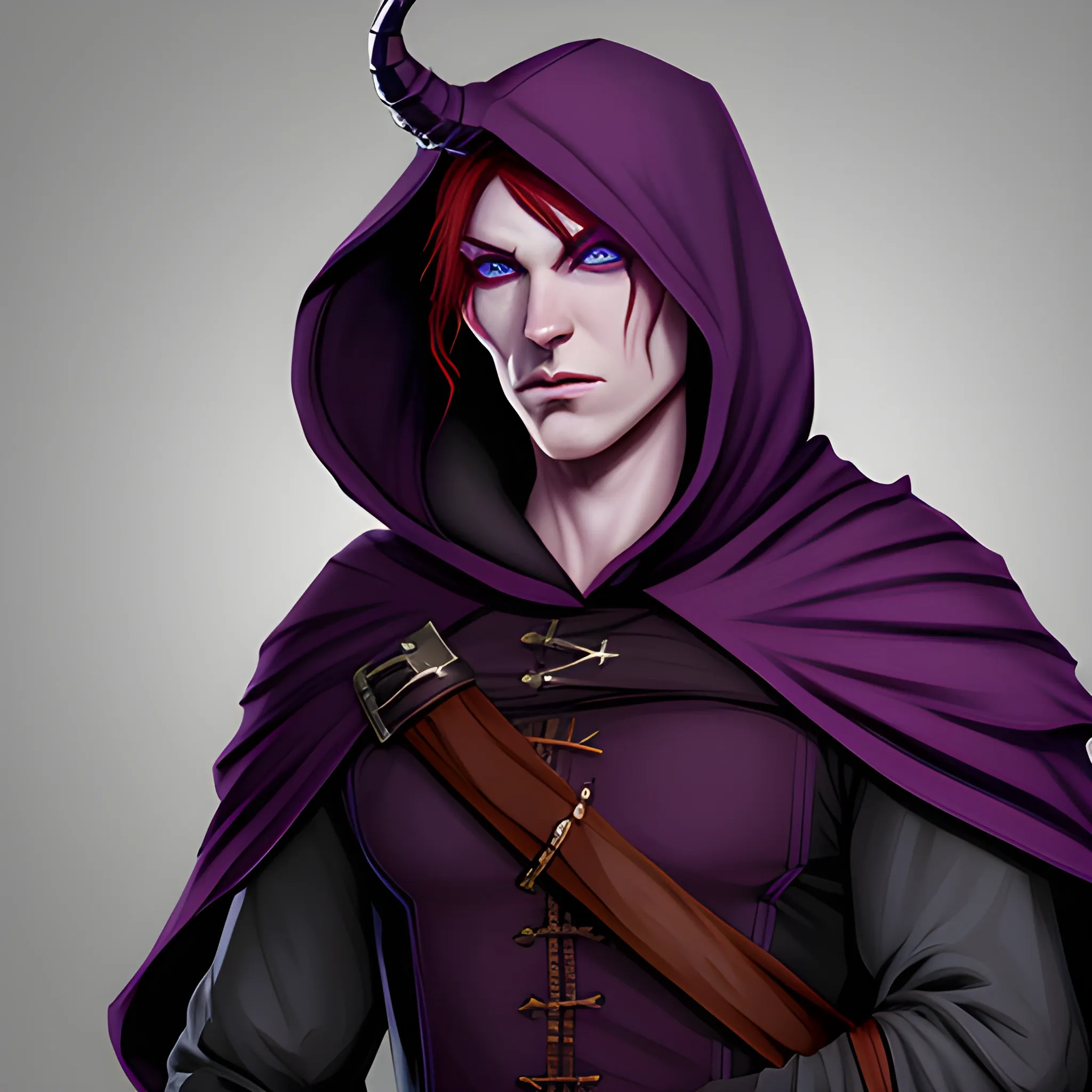A dark clothed hooded gaunt male Tiefling rogue, with  pale purple skin complexion and red hair