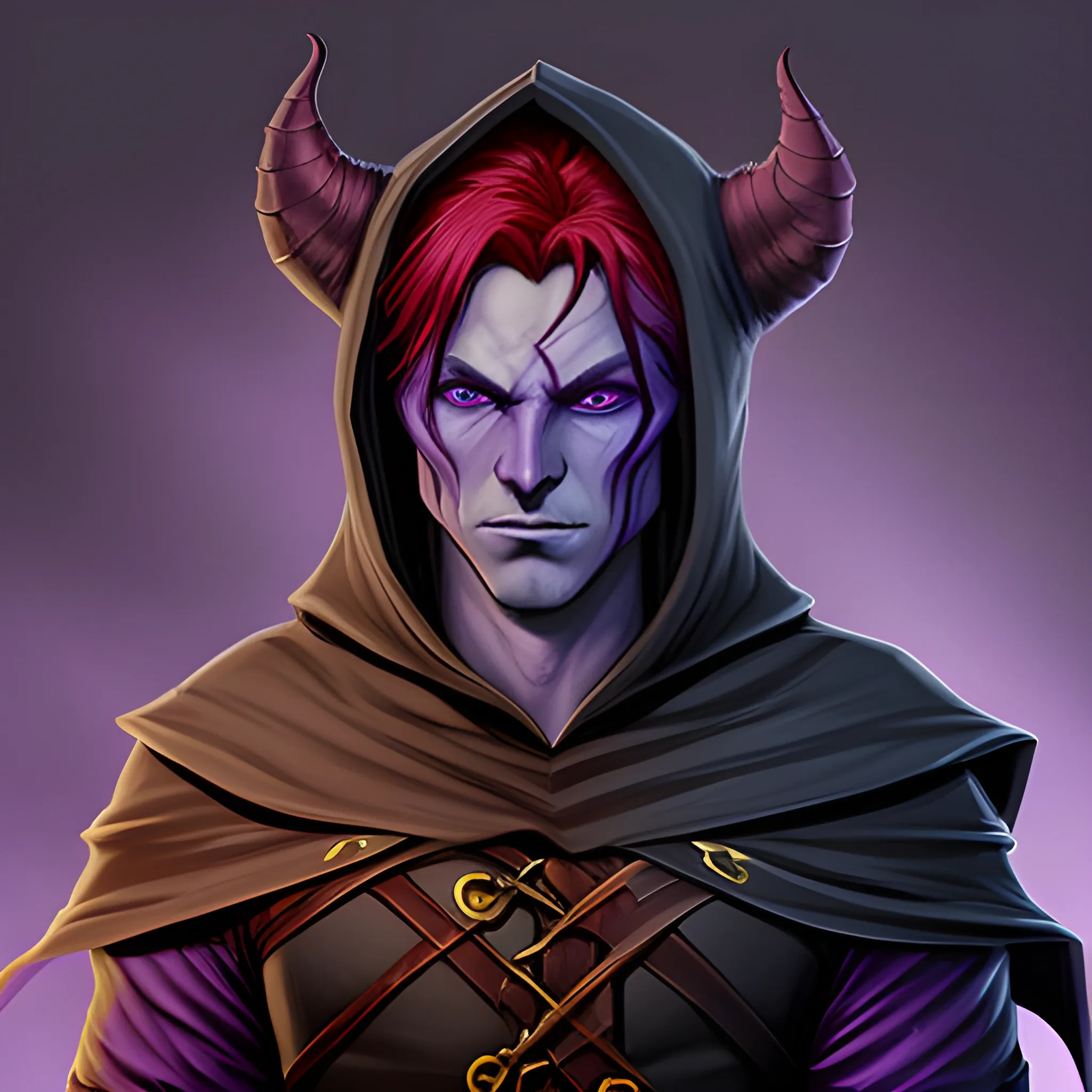 A dark clothed hooded gaunt male Tiefling rogue, with  purple skin complexion and red hair