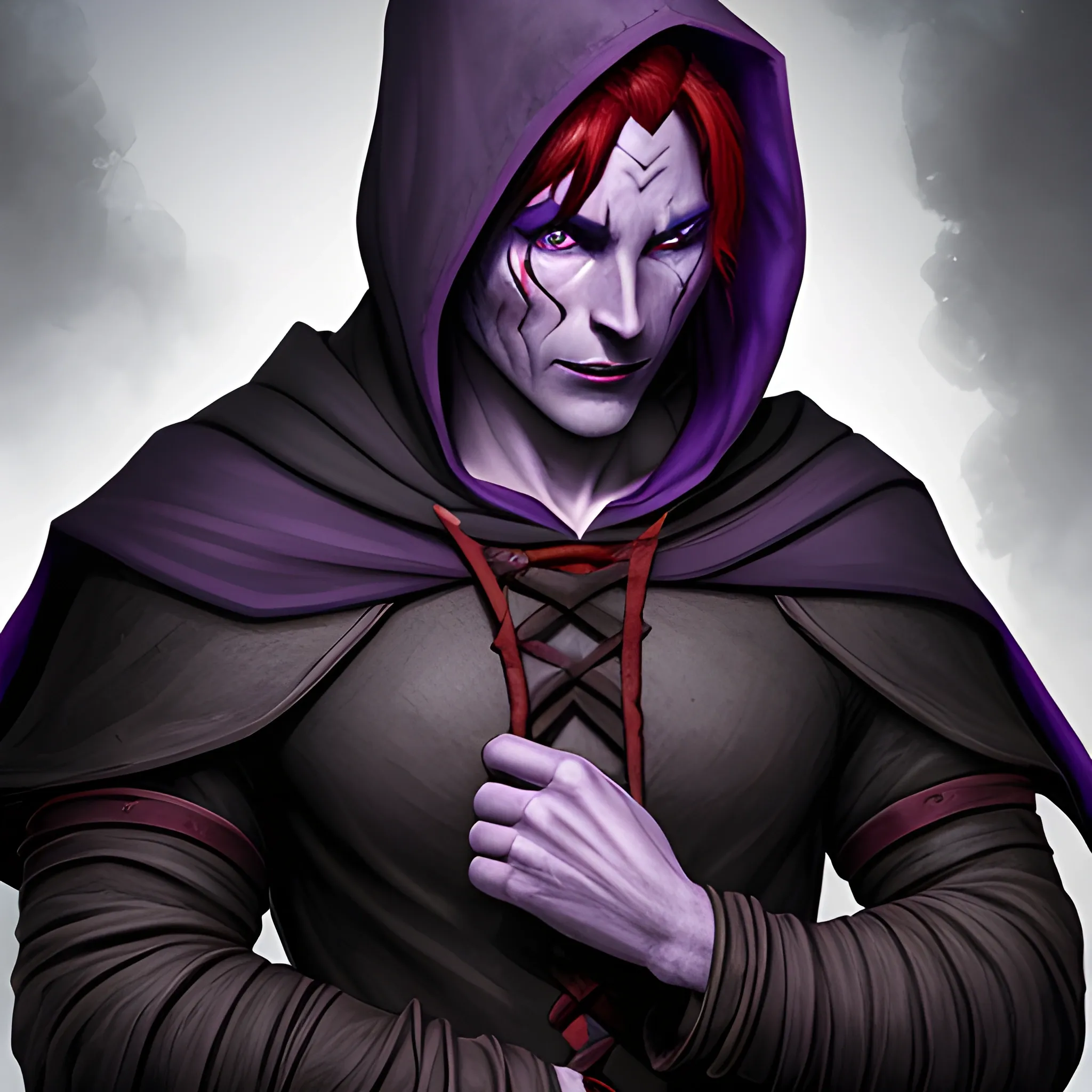 A dark clothed hooded gaunt male Tiefling rogue, with  purple skin complexion and red hair