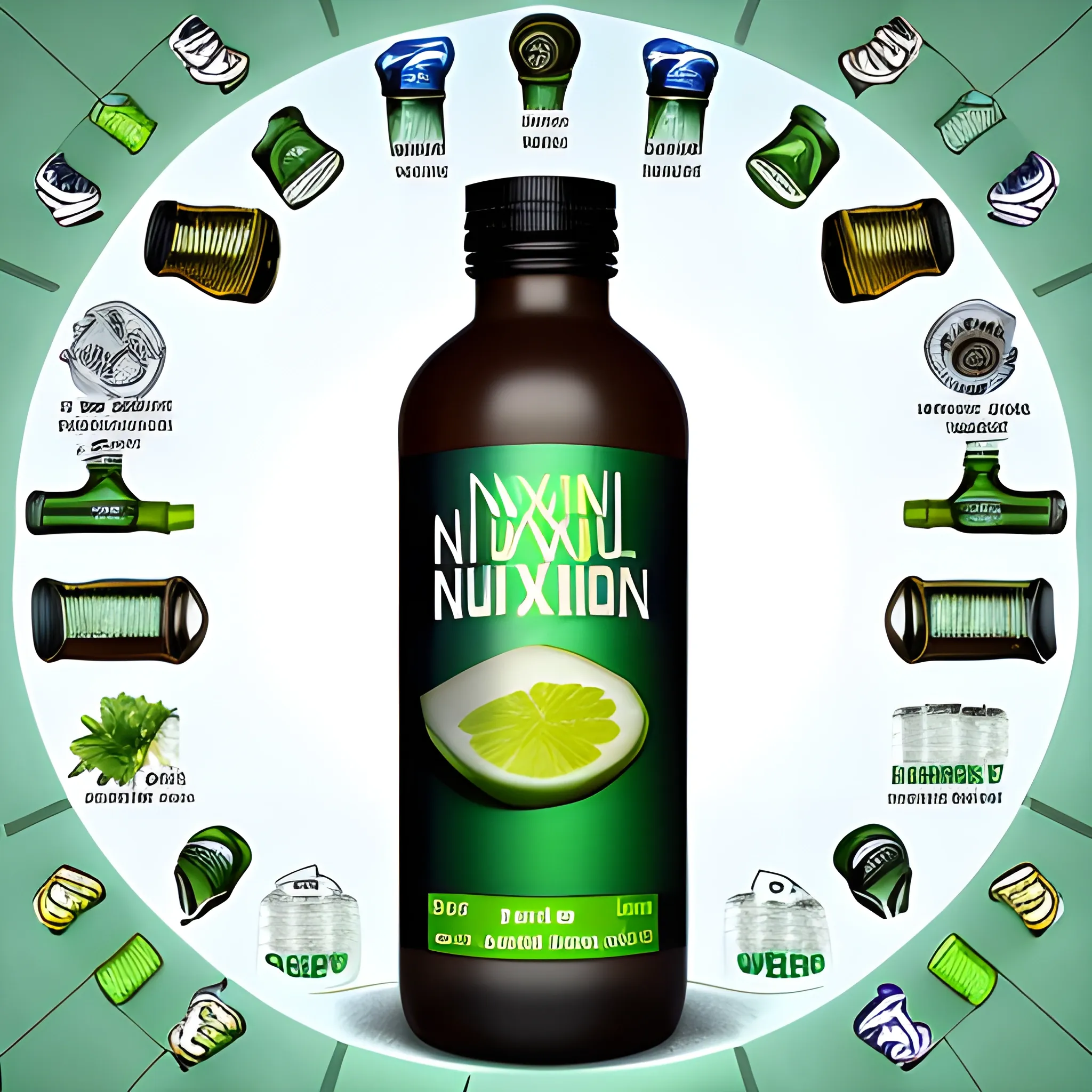 Make an image with a bottle that contains a nutraceutical drink, put a logo in the middle of the bottle "NUXION"