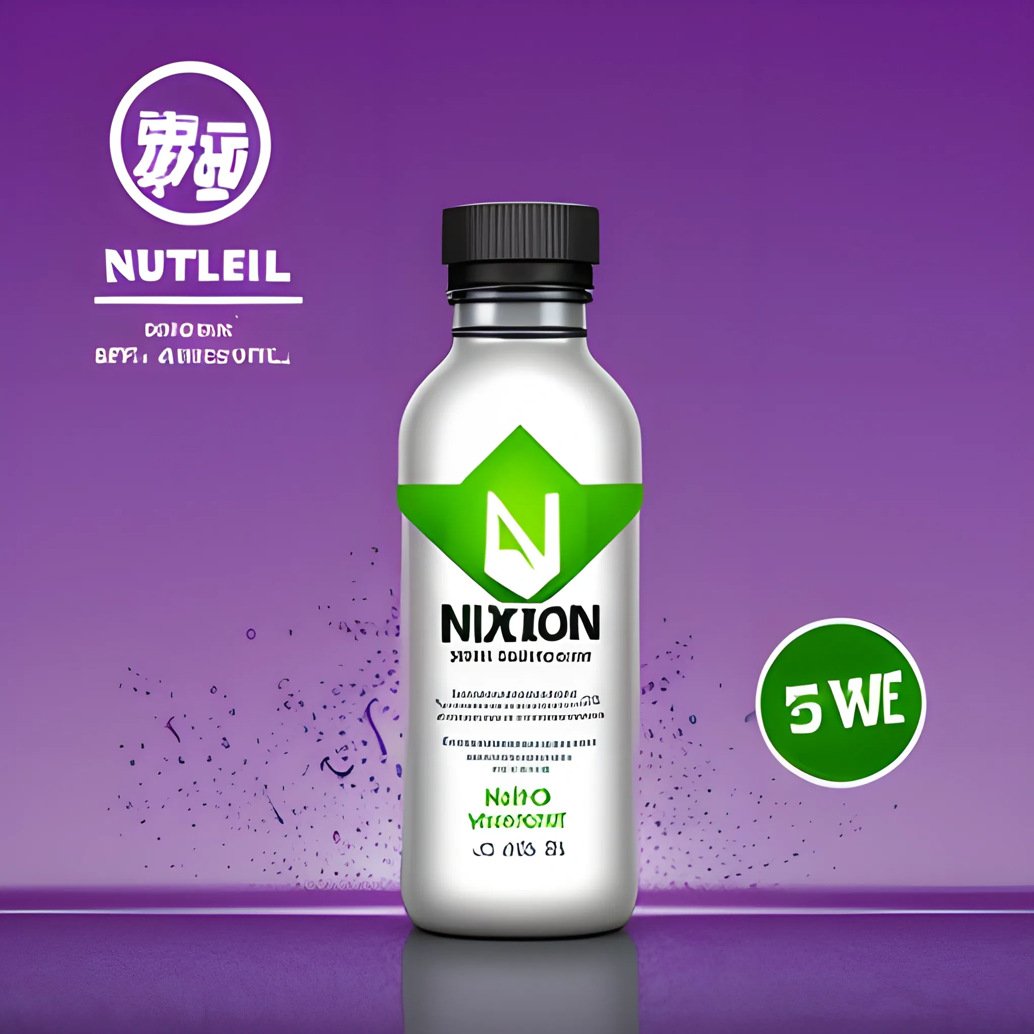 Make an image with a bottle that contains a nutraceutical drink, put a logo in the middle of the bottle "NUXION"