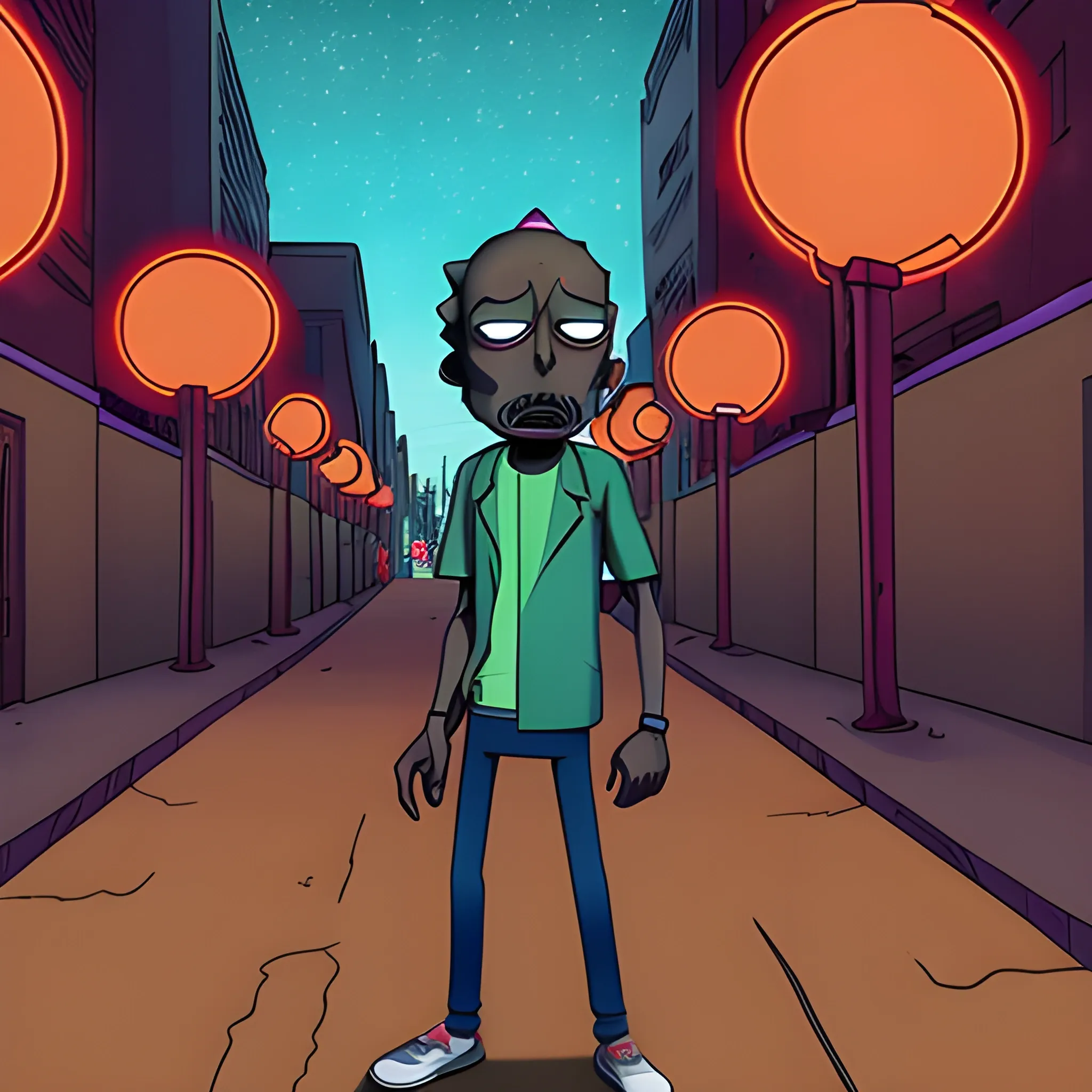 a sad black skin man, in the bot of a red street, in style comic rick and morty render