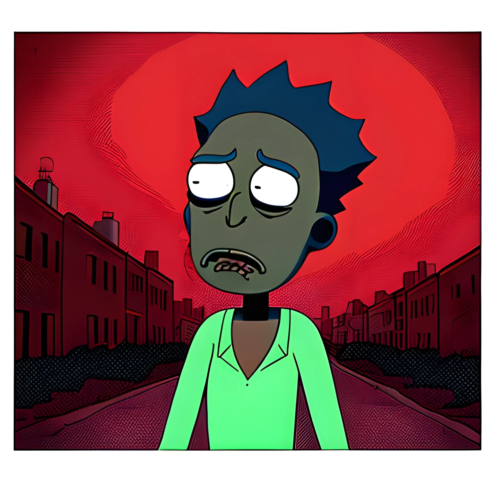 a sad black skin man, crying in the bot of a red street, in style comic rick and morty render