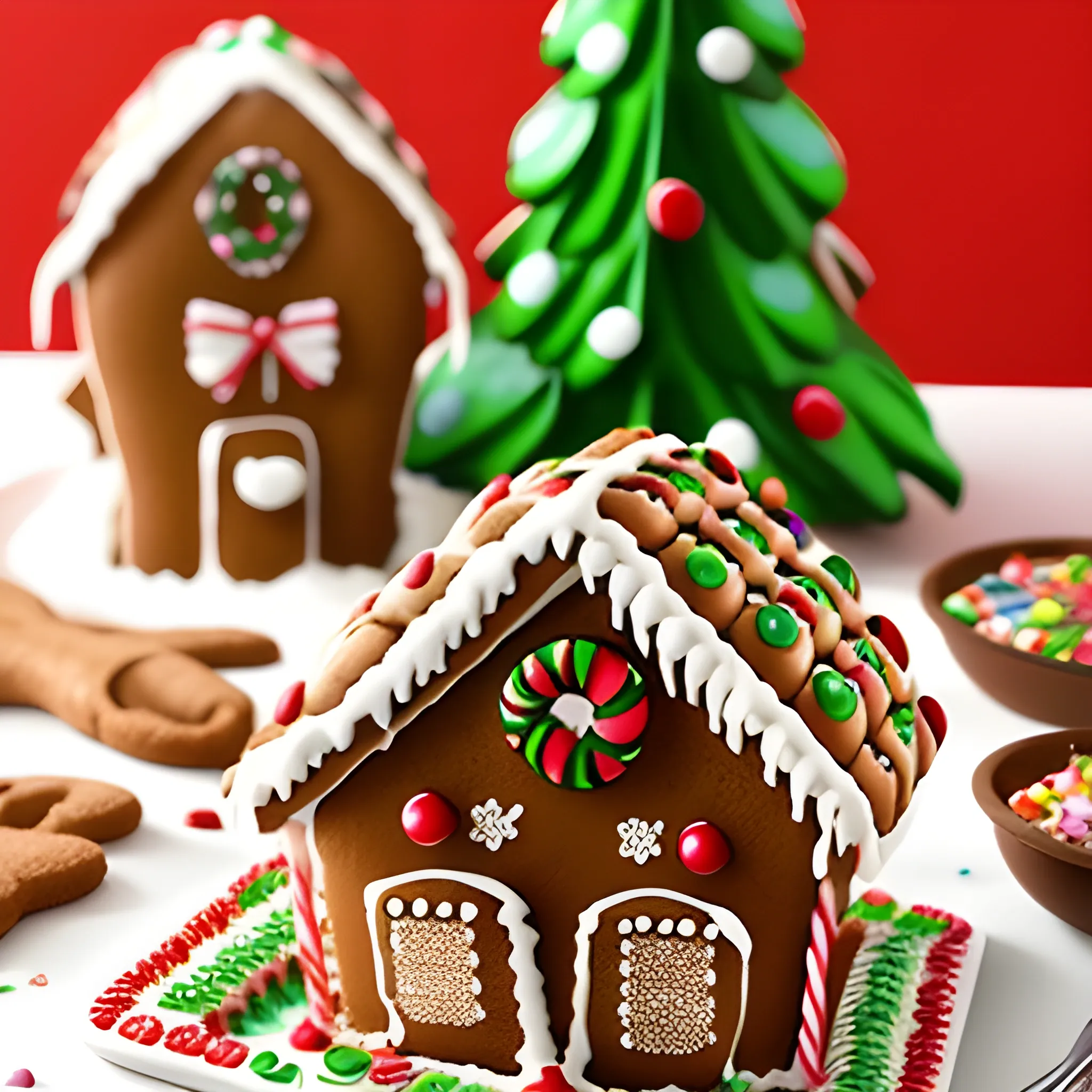 Kids and adults ((as gingerbread figures)) together decorating the ginger bread house and enjoying doing this activity together as a family, 3D