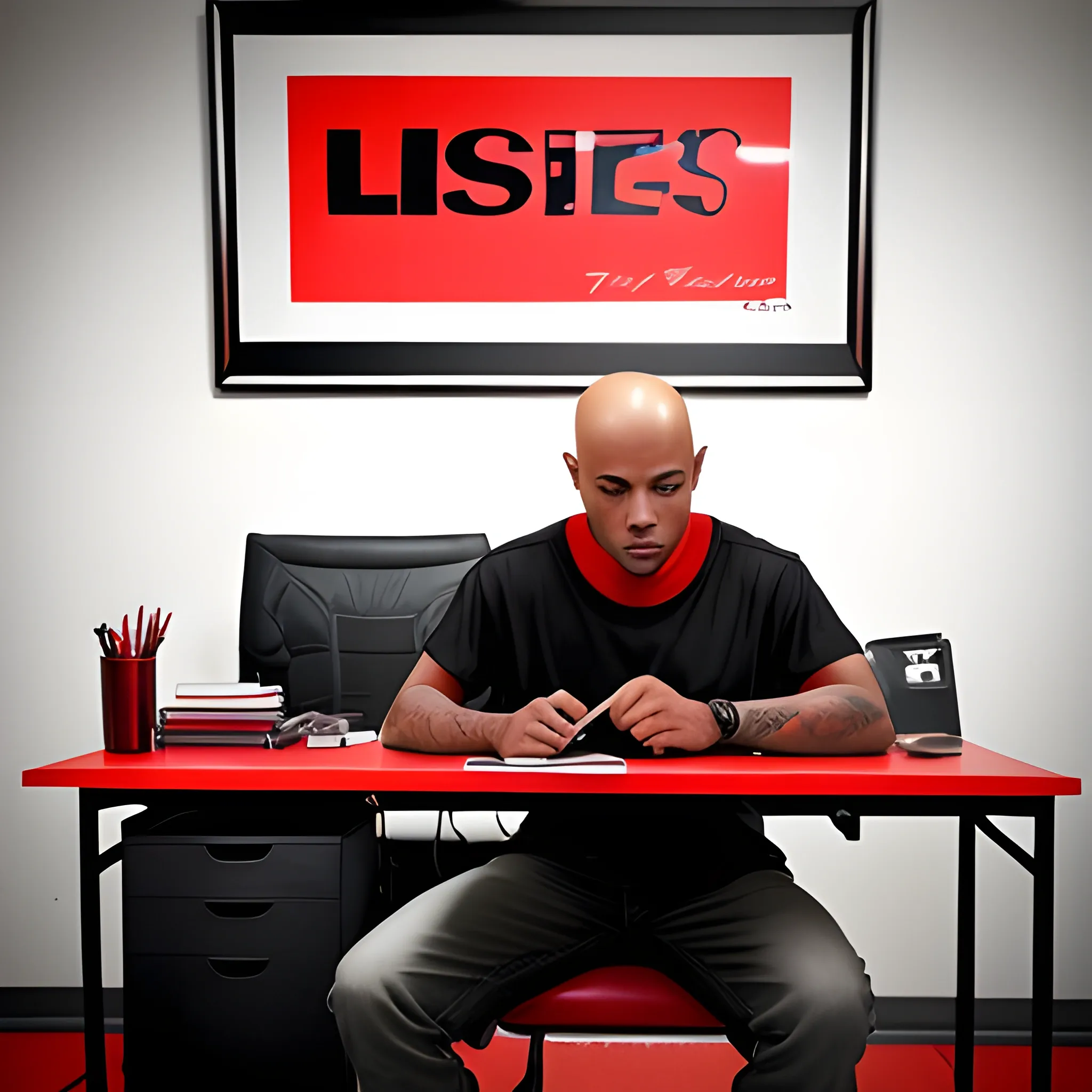 Realistic vibrant image of african american male in a black and red office. He is sitting at a desk with a notebook on it, he is writing in the notebook with a pen. He has a bald haircut. He is a black shirt that says “LS Design” in red. There is an urban art on the wall behind him.