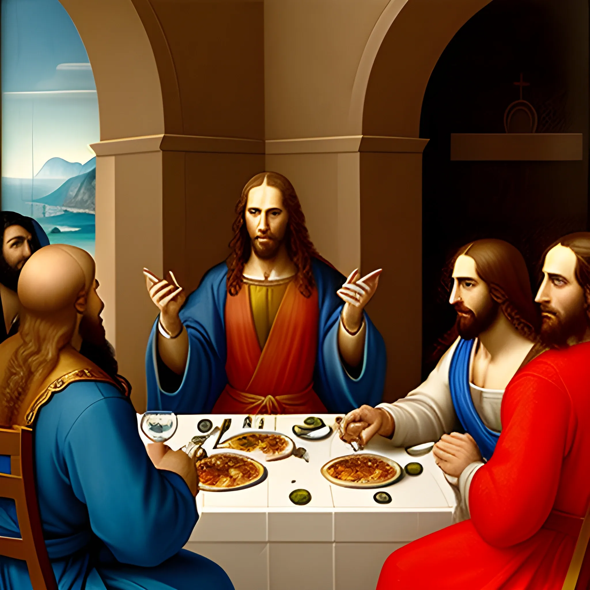 Create an unchanged composition of Leonardo da Vinci's "The Last Supper." The characters are.

Without changing the composition, thirteen characters sit at the supper table.

Jesus in the center - holding a slice of pizza, "This is the taste of a miracle!" and overjoyed.
Peter- Selfie with smart phone in hand.
John- Sitting in front of Jesus, beach ball rolling.
Andrea del Verrocchio - chatting with John while shaking a drink.
Judas- wearing a sore back, smiling ruefully and plotting something in a little while.
Philippa- tossing crepes at Jesus and John.
Mary Magdalene- Flamenco dancing behind John.
**Salome
Thomas- While the pizza box is there, "Is this really the Last Supper?" I am skeptical.
Matthew- I'm listening to the story of Jesus while reading a comic book.
Bartholomai - Jesus and John are about to join in playing beach ball.
James (small) - operating a toy robot next to Jesus.
James (large) - trying to skillfully catch a crepe that Jesus and Philip are throwing to each other.
On the table is not a chalice, but a fancy juice glass. The room has a carnival-like atmosphere with fancy colored balls dancing in the background.

This "last party" turns a historic moment into something fun and entertaining, and the characters are there and full of charm., Pencil Sketch