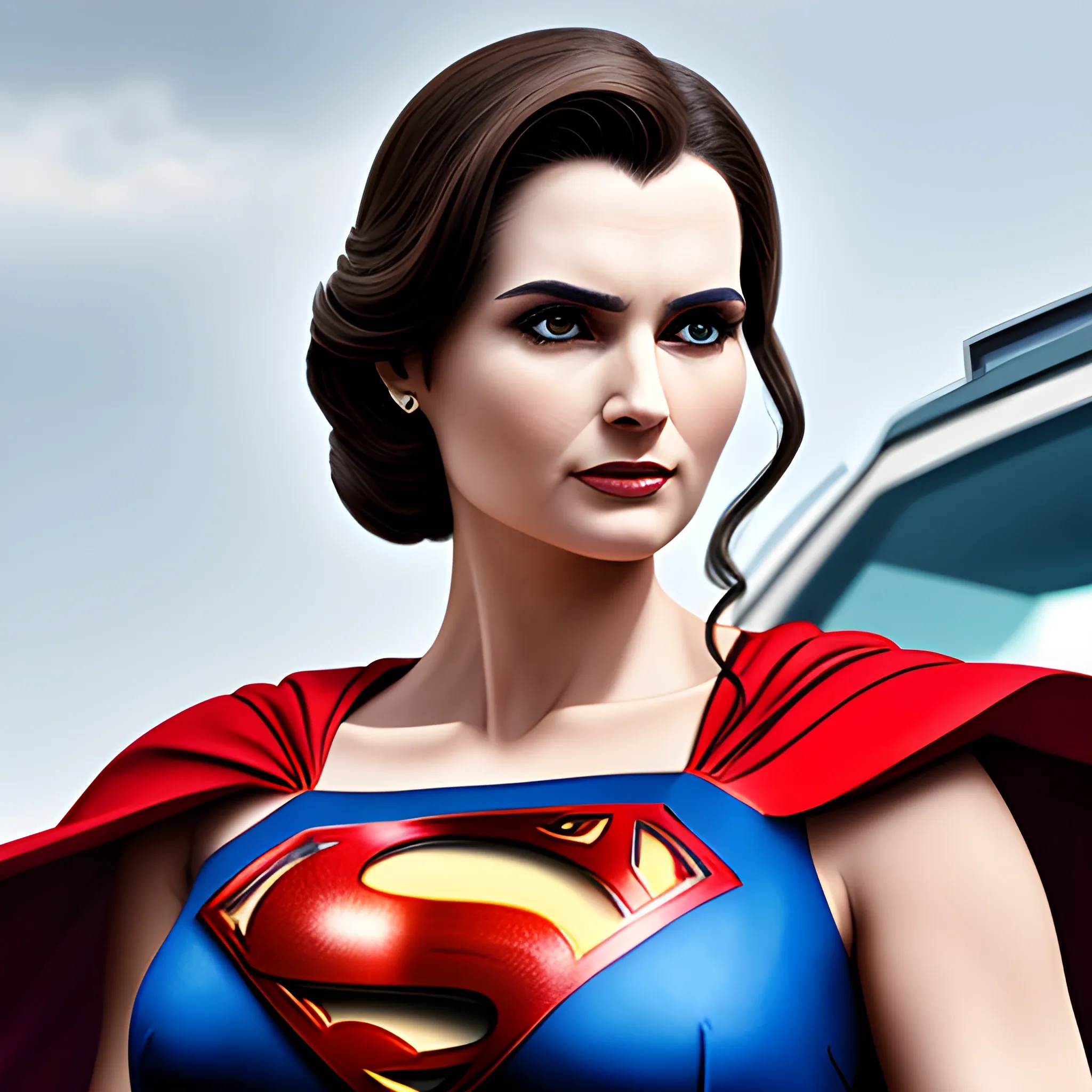 An elegant lady wearing a Superman costume, eye-catching detail, realistic ultra-detailed