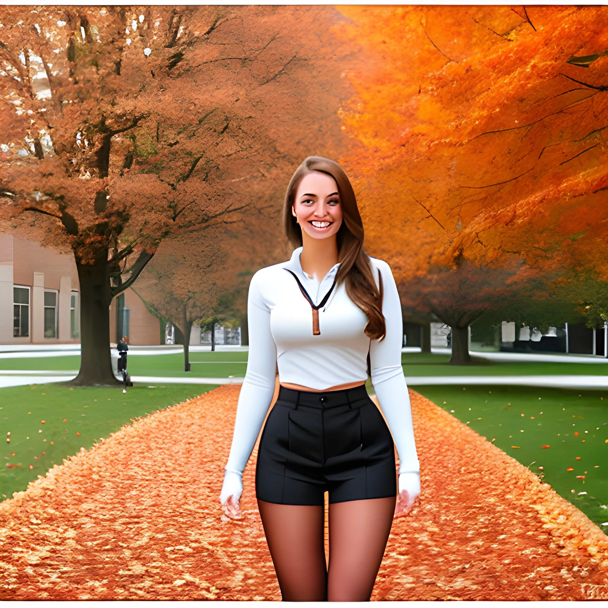 Photos of pure and lovely female college students on campus in autumn