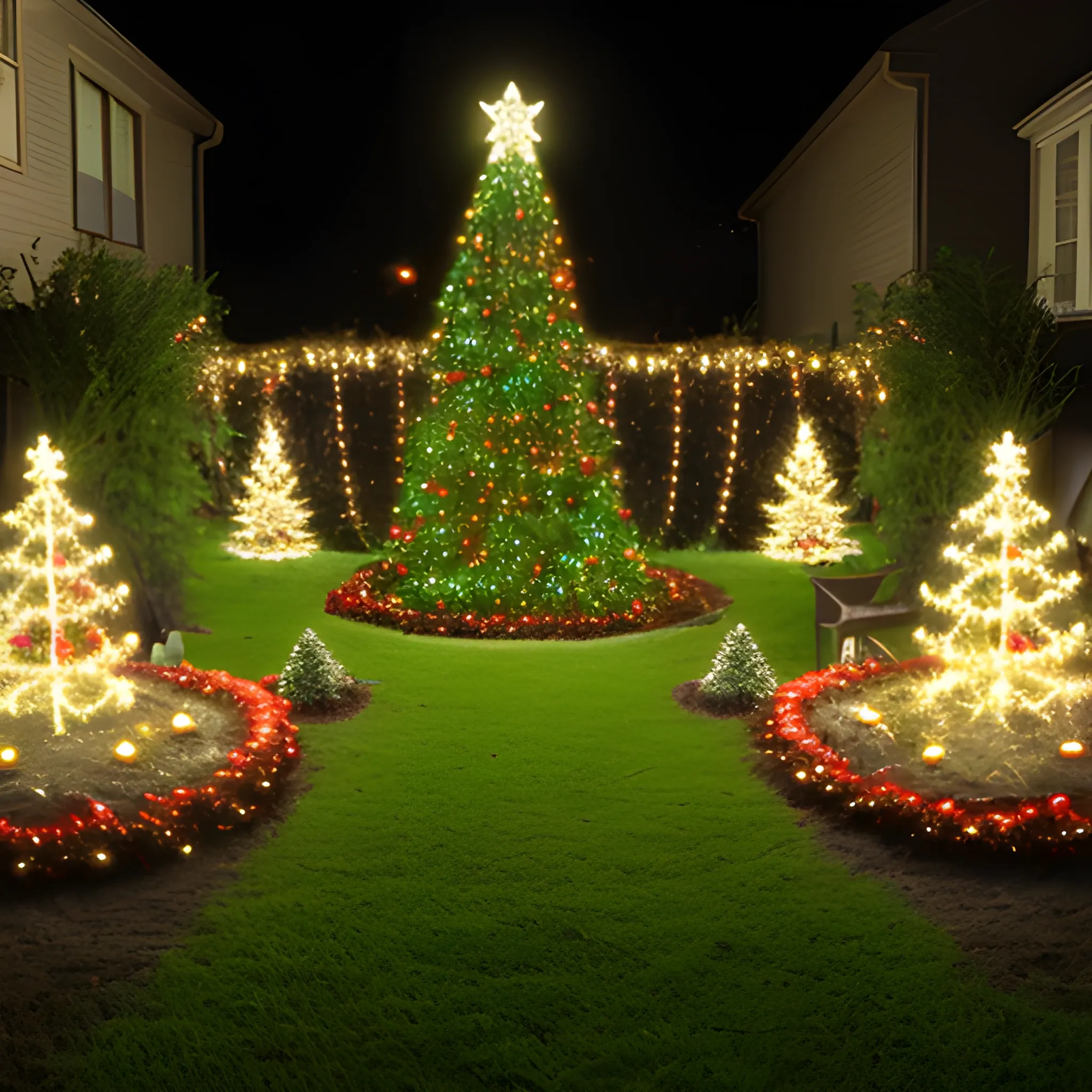 Liminal space garden with christmas decorations