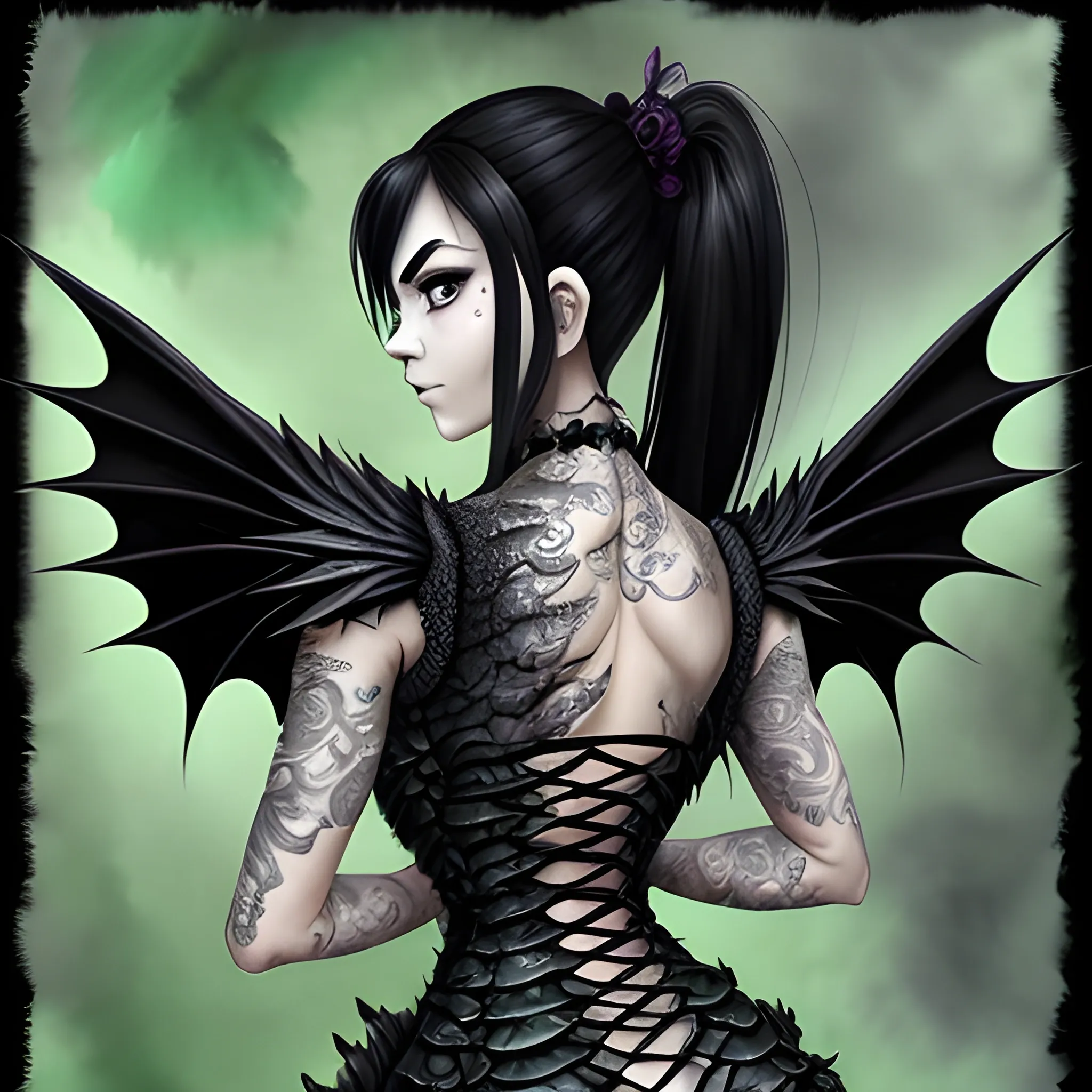 Half dragon who has patches of emerald green scales on the sides of her face, back of her arms, sides of her thighs, and along her sides.. She is female. She has black hair and black eyes. Large dragon wings coming out of her shoulder blades and a tail. Full body image. Black claws coming from her fingers and black talons on her feet. She is wearing a black dress., Water Color