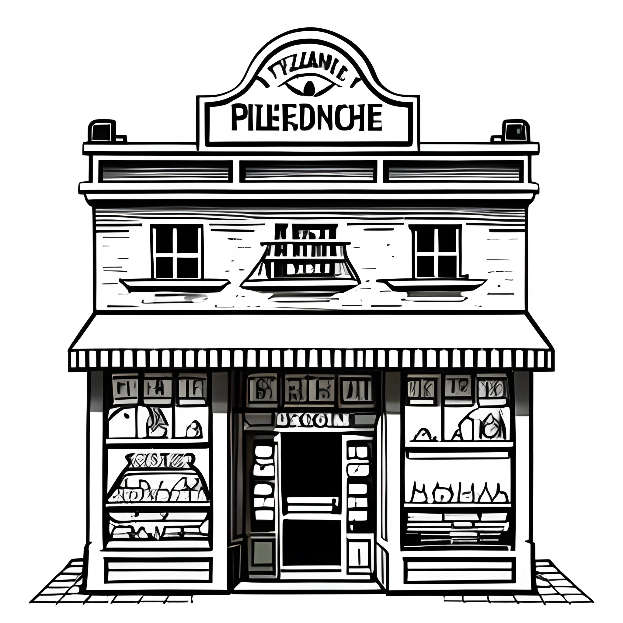 "Create a freehand ink-style illustration of a quaint village shop, enriched with elements related to the world of pizza and its delicious ingredients. Be sure to include details such as a smoking wood-fired oven, pizza makers busy stretching dough, tables with happy customers, and fresh ingredients like tomatoes, cheese, basil, and other elements that evoke the authentic atmosphere of a traditional pizzeria. The illustration should convey warmth, authenticity, and a passion for Italian cuisine."