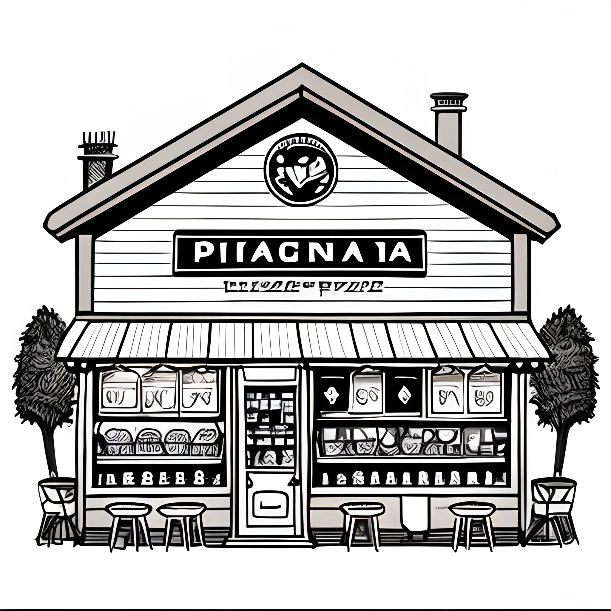 "Create a freehand ink-style illustration of a quaint village shop, enriched with elements related to the world of pizza and its delicious ingredients. Be sure to include details such as a smoking wood-fired oven, pizza makers busy stretching dough, tables with happy customers, and fresh ingredients like tomatoes, cheese, basil, and other elements that evoke the authentic atmosphere of a traditional pizzeria. The illustration should convey warmth, authenticity, and a passion for Italian cuisine."