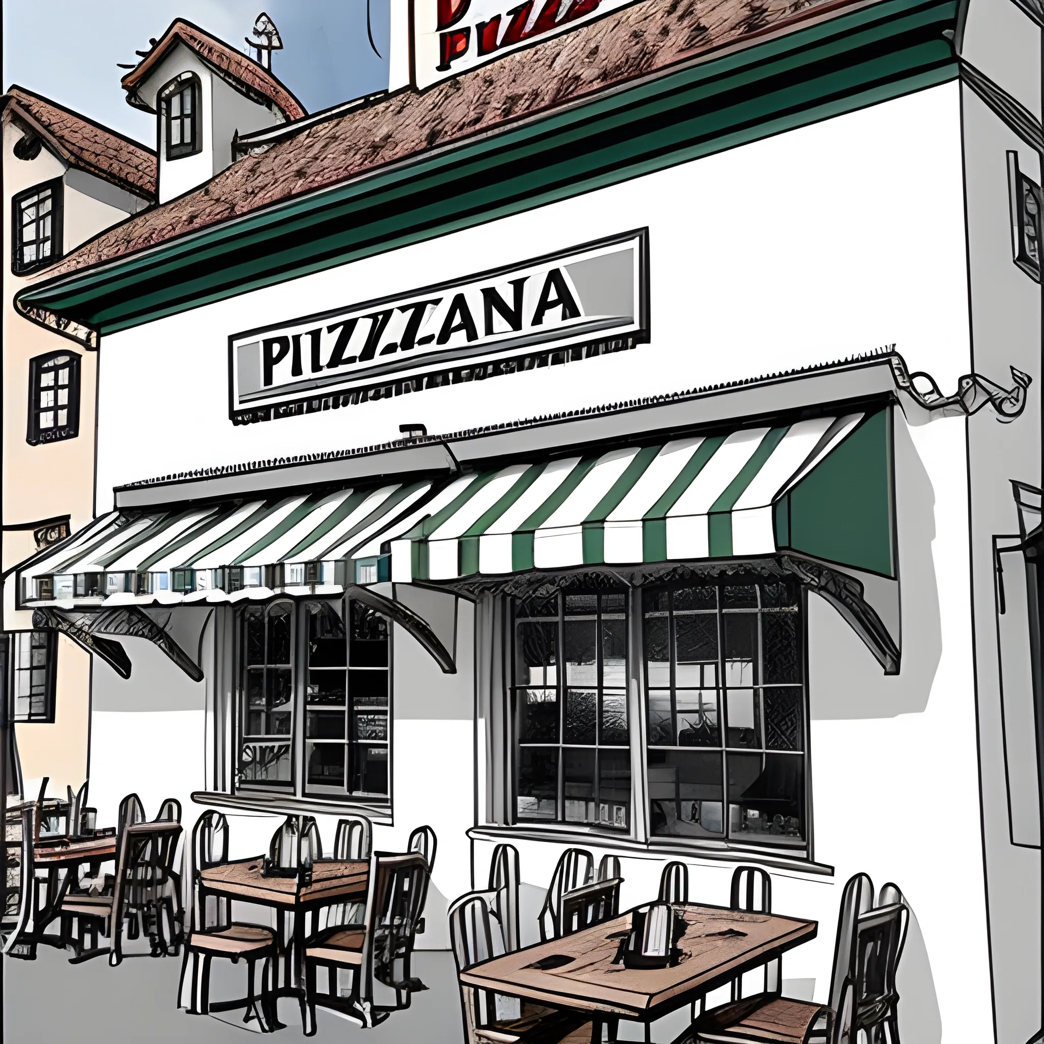 "Create a pencil sketch without colors for a banner intended for the homepage of a pizzeria's website. The illustration should depict a picturesque village shop and include a pattern composed of elements related to pizza, such as the ingredients of a Margherita pizza. Make sure to add basil as a recurring element to emphasize the fresh and authentic character. The goal is to convey a welcoming and inviting atmosphere, highlighting the passion for the tradition of Italian pizza."