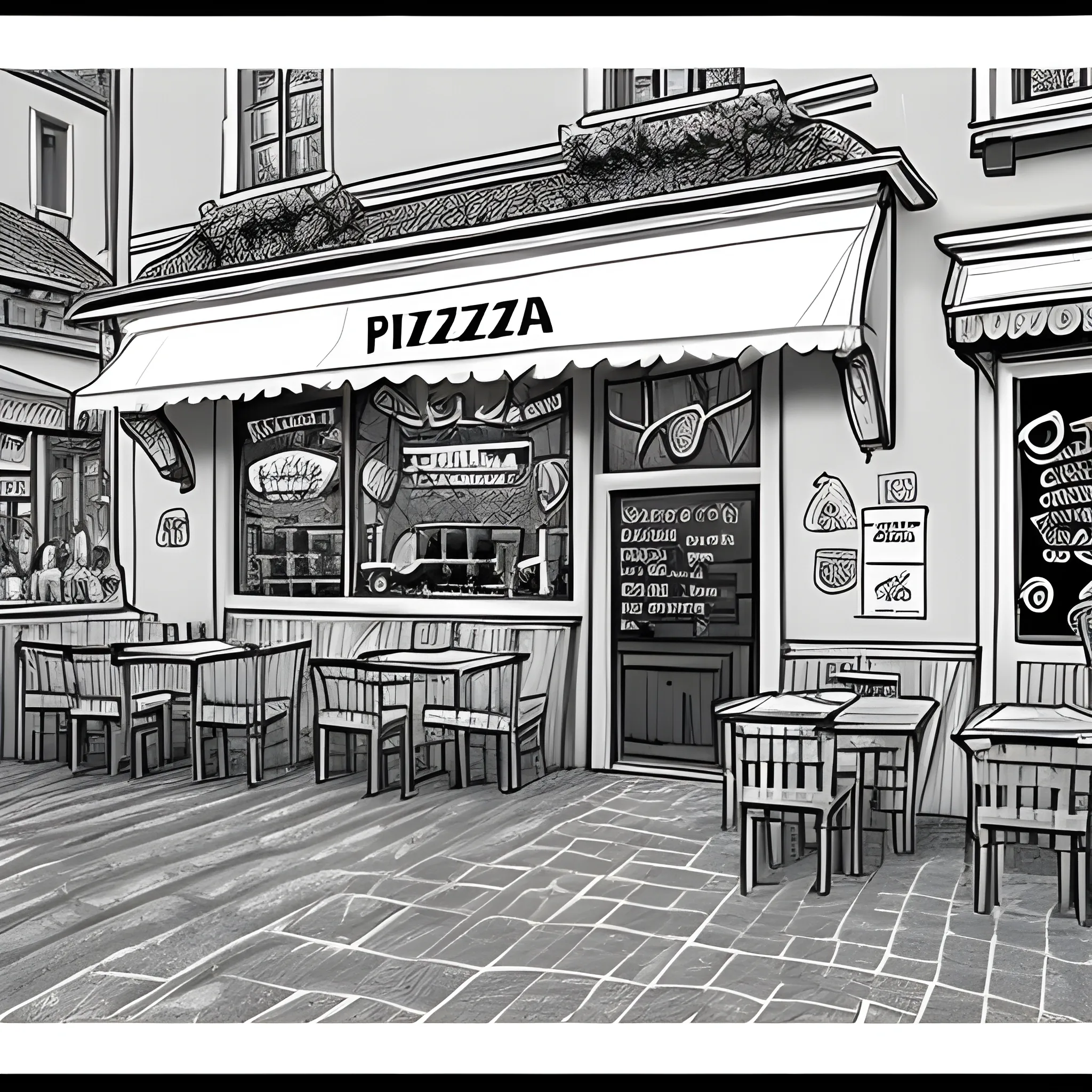 "Create a black and white pencil sketch for a banner intended for the homepage of a pizzeria's website. The illustration should depict a picturesque village shop and include a pattern composed of elements related to pizza, such as the ingredients of a Margherita pizza. Make sure to add basil as a recurring element to emphasize the fresh and authentic character. The goal is to convey a welcoming and inviting atmosphere, highlighting the passion for the tradition of Italian pizza."