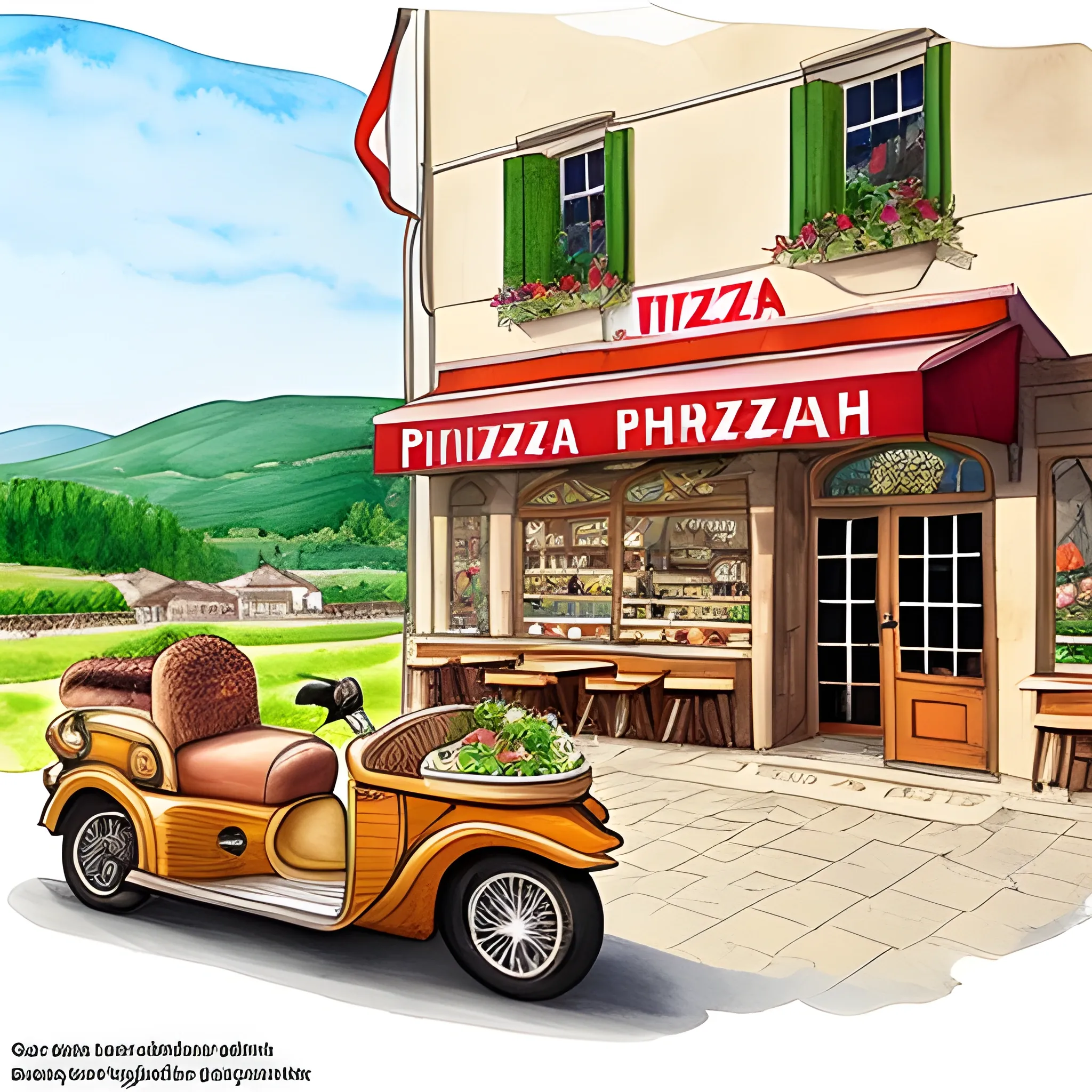 "Create a watercolor pencil sketch for a banner intended for the homepage of a pizzeria's website. The illustration should depict a picturesque village shop and include a pattern composed of elements related to pizza, such as the ingredients of a Margherita pizza. Make sure to add basil as a recurring element to emphasize the fresh and authentic character. The goal is to convey a welcoming and inviting atmosphere, highlighting the passion for the tradition of Italian pizza."