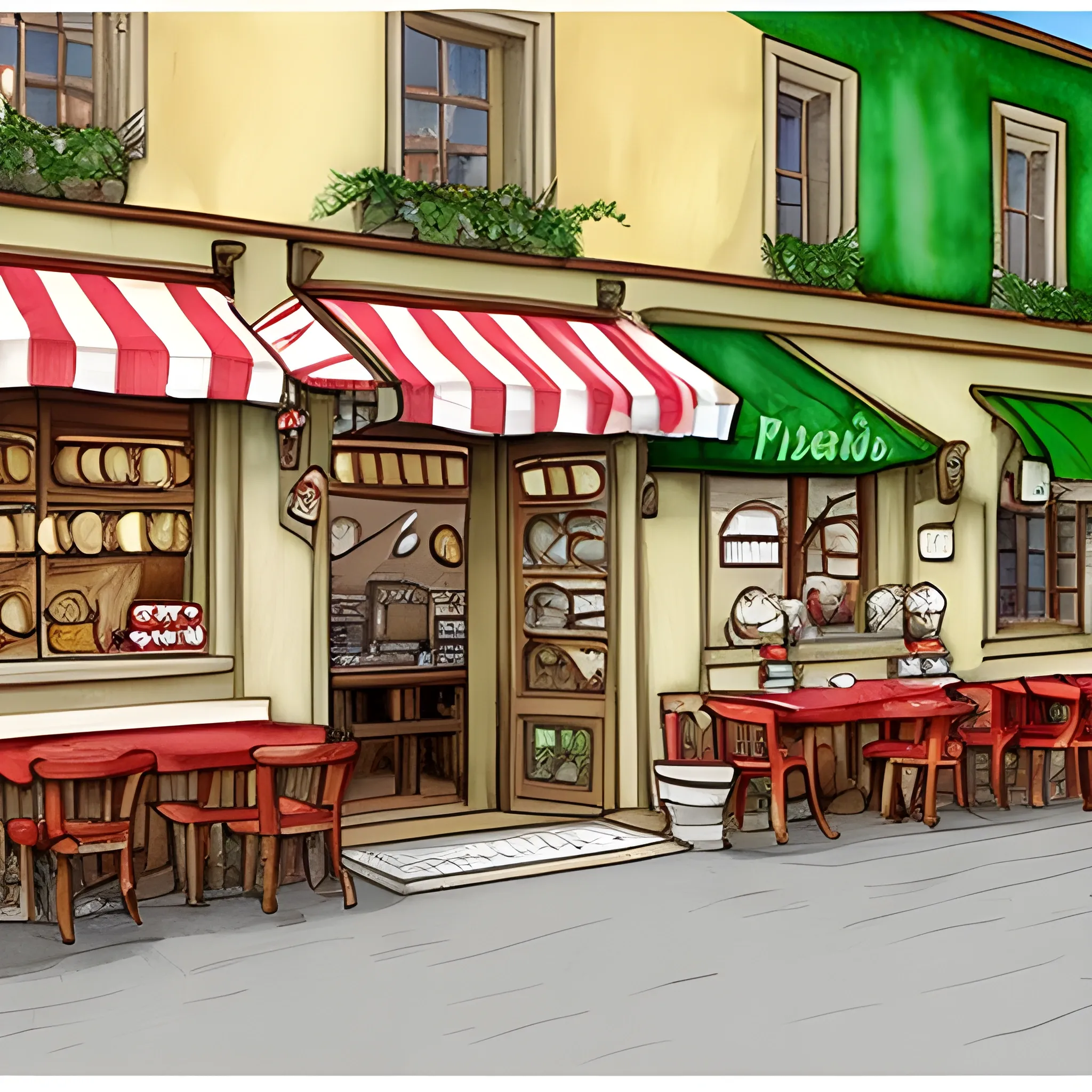 "Create a watercolor pencil sketch for a banner intended for the homepage of a pizzeria's website. The illustration should depict a picturesque village shop and include a pattern composed of elements related to pizza, such as the ingredients of a Margherita pizza. Make sure to add basil as a recurring element to emphasize the fresh and authentic character. The goal is to convey a welcoming and inviting atmosphere, highlighting the passion for the tradition of Italian pizza."