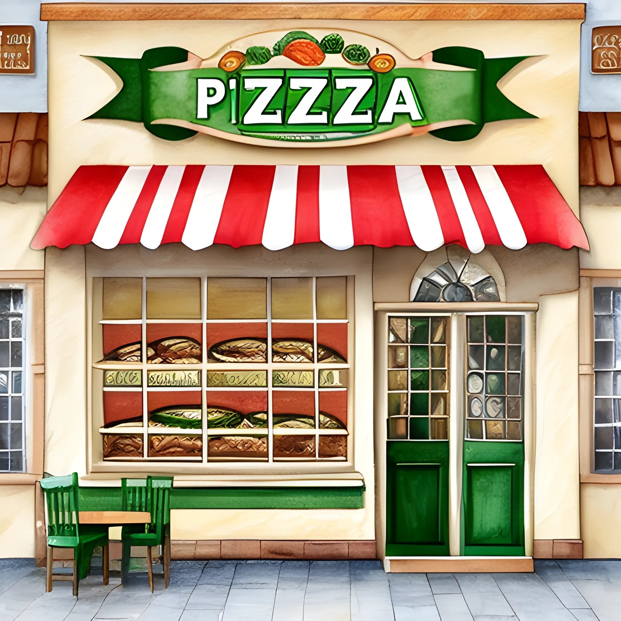 "Create a watercolor pencil sketch for a banner intended for the homepage of a pizzeria's website. The illustration should depict a picturesque village shop and include a pattern composed of elements related to pizza, such as the ingredients of a Margherita pizza. Make sure to add basil as a recurring element to emphasize the fresh and authentic character. The goal is to convey a welcoming and inviting atmosphere, highlighting the passion for the tradition of Italian pizza."