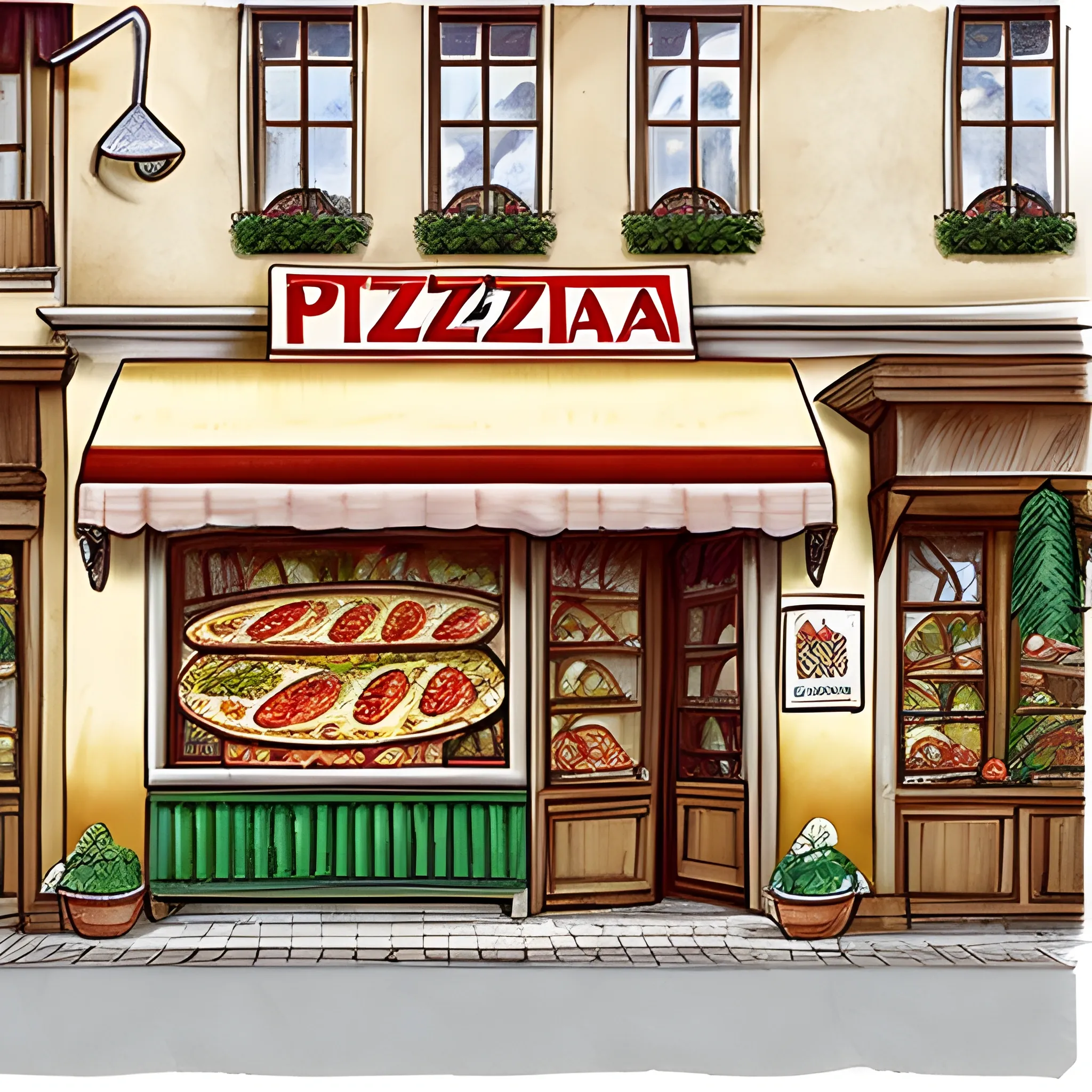 "Create a banner intended for the homepage of a pizzeria's website. The illustration should depict a picturesque village shop and include a pattern composed of elements related to pizza, such as the ingredients of a Margherita pizza. Make sure to add basil as a recurring element to emphasize the fresh and authentic character. The goal is to convey a welcoming and inviting atmosphere, highlighting the passion for the tradition of Italian pizza.", Pencil Sketch